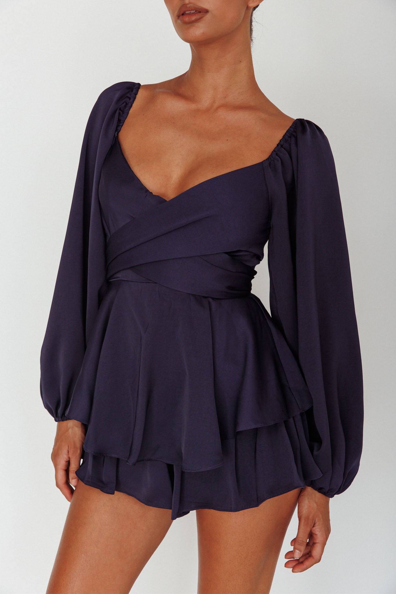 It's Complicated Long Sleeve Flounce Romper Navy by Selfie Leslie Australia