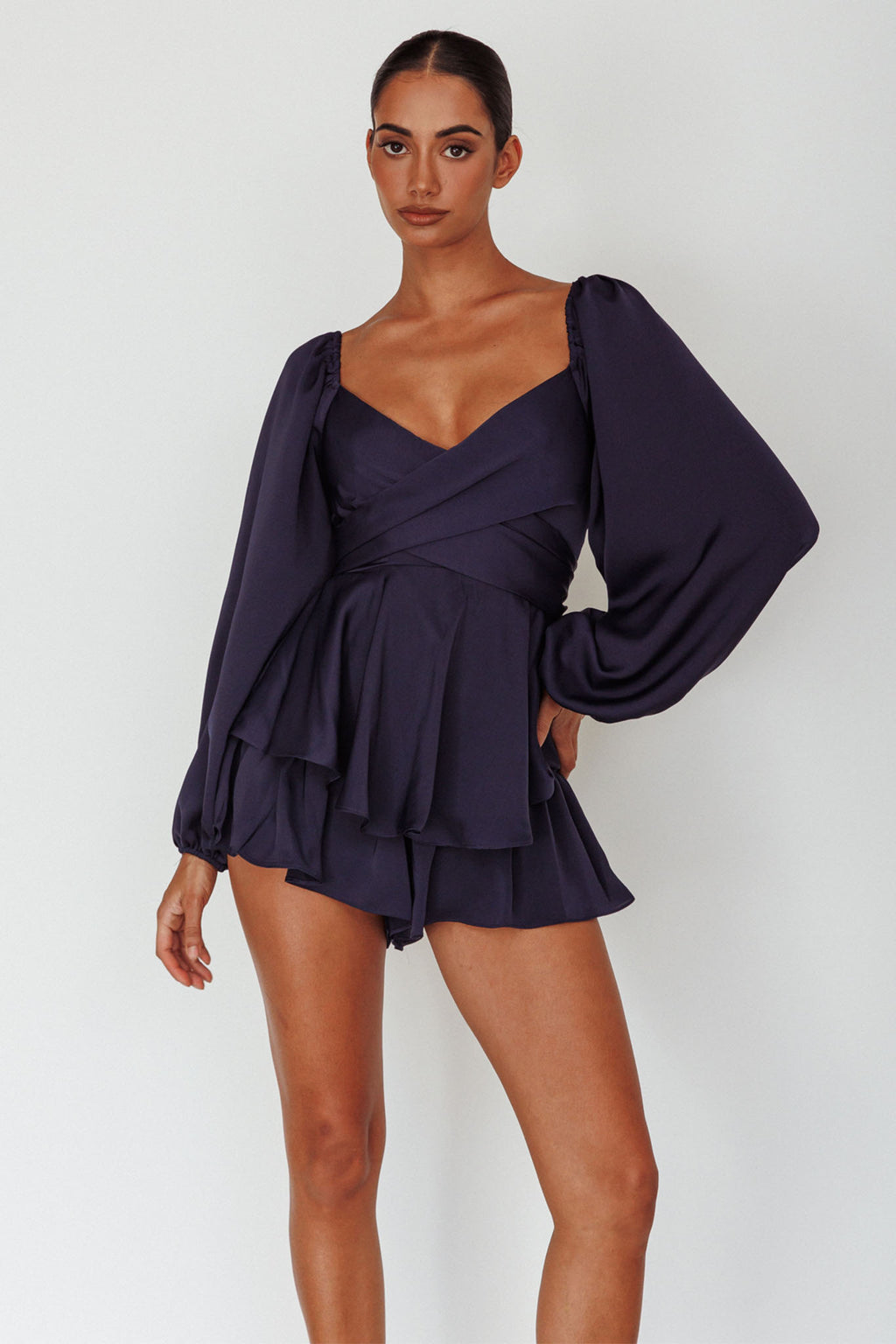 It's Complicated Long Sleeve Flounce Romper Navy by Selfie Leslie Australia
