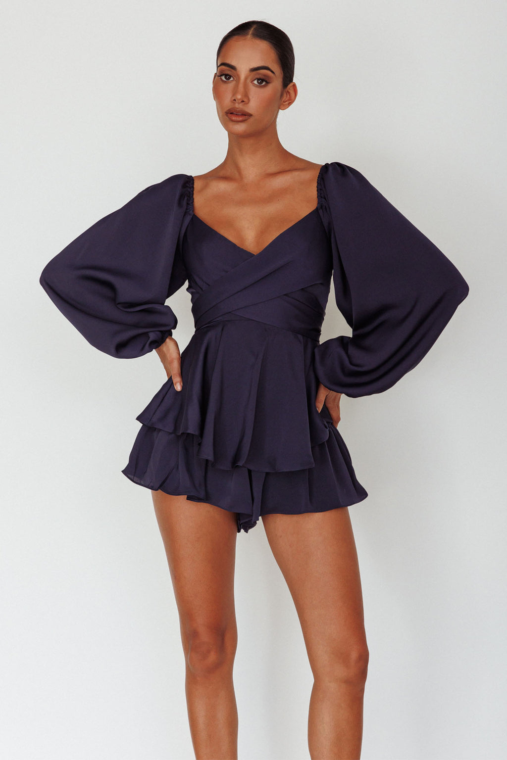 It's Complicated Long Sleeve Flounce Romper Navy by Selfie Leslie Australia