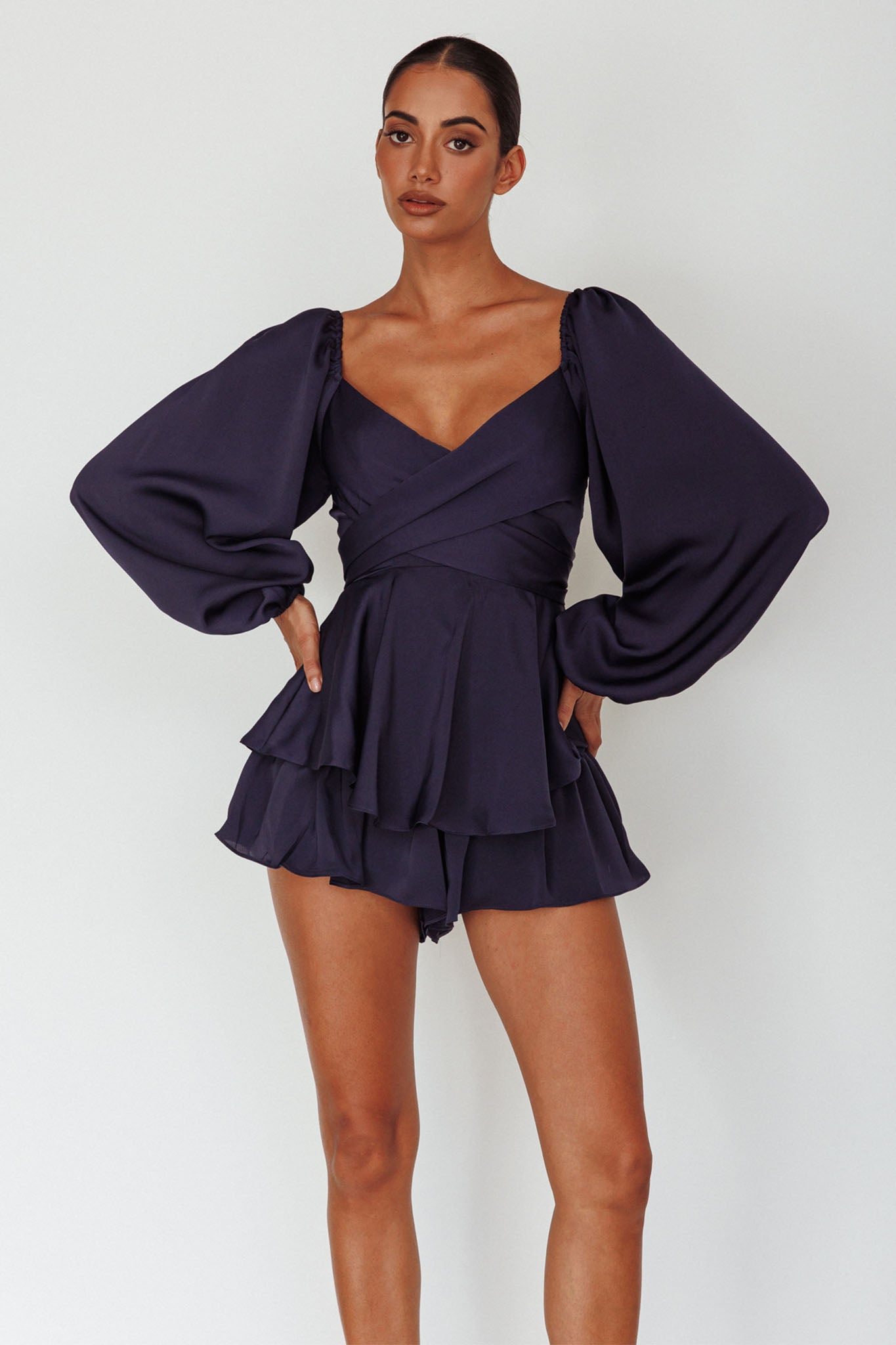 It's Complicated Long Sleeve Flounce Romper Navy by Selfie Leslie Australia