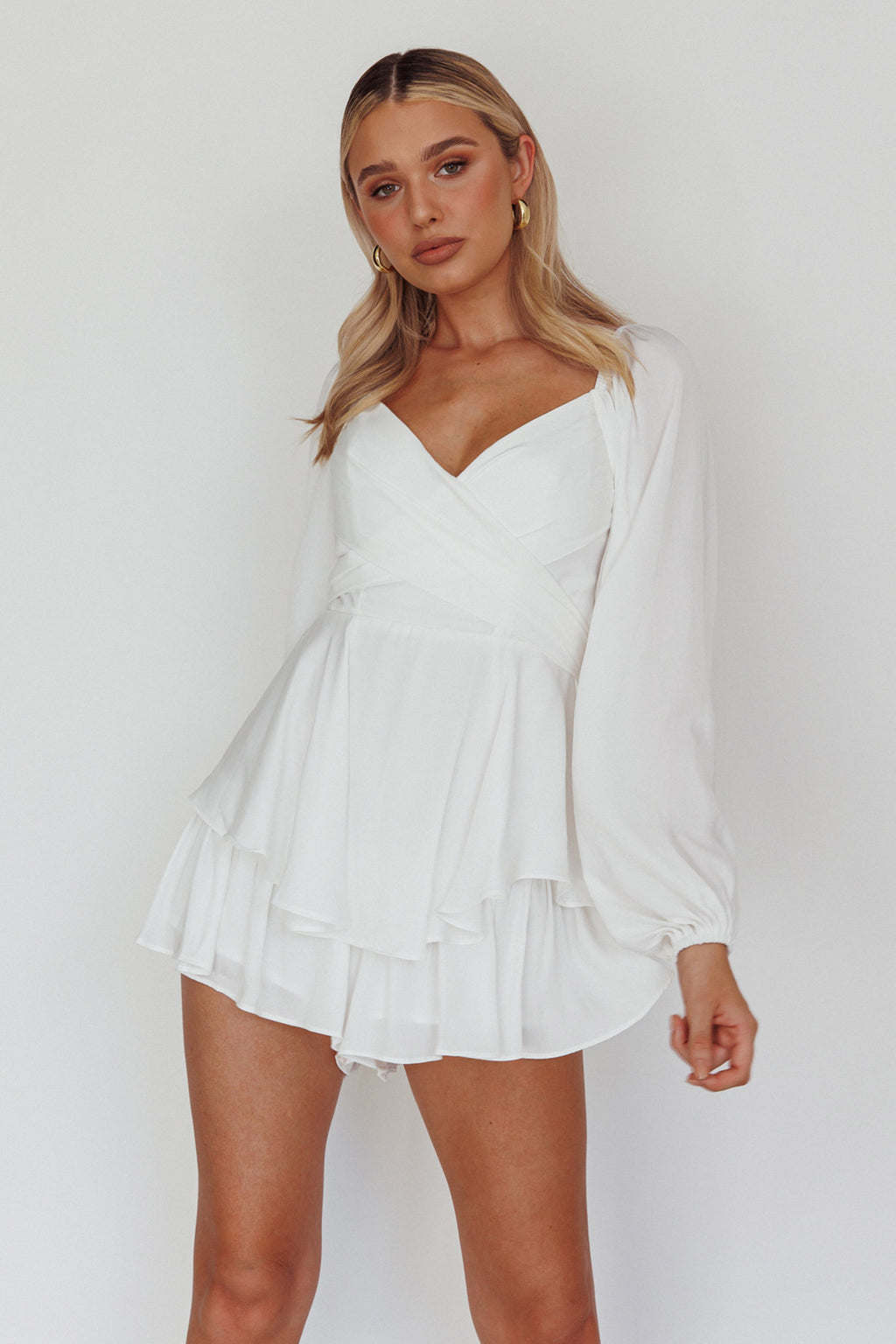 It's Complicated Long Sleeve Flounce Romper White by Selfie Leslie Australia