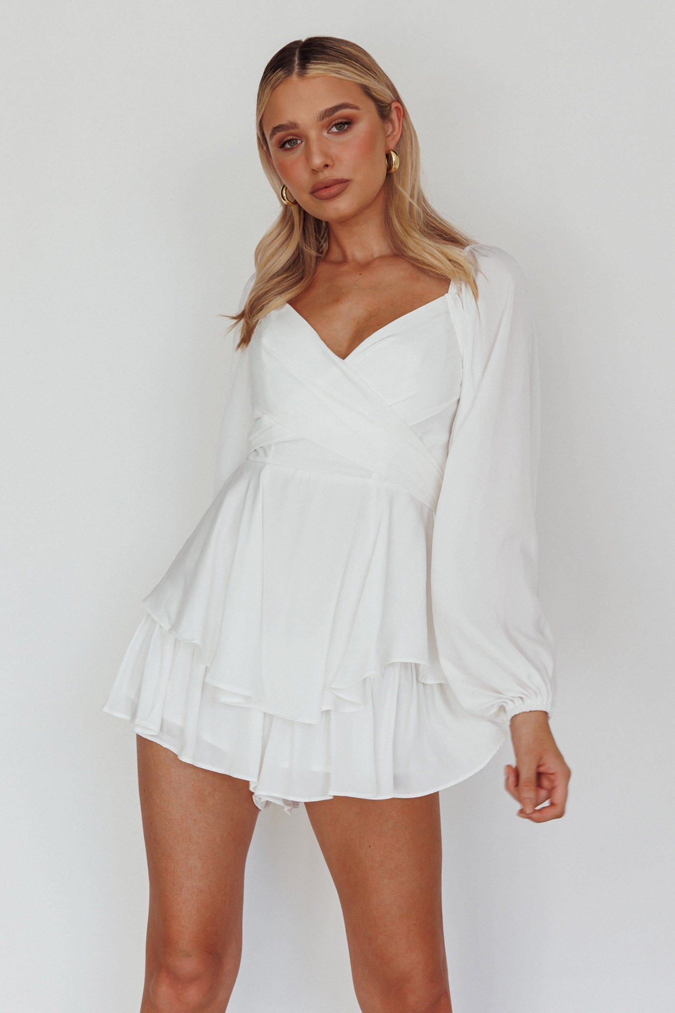 It's Complicated Long Sleeve Flounce Romper White by Selfie Leslie Australia
