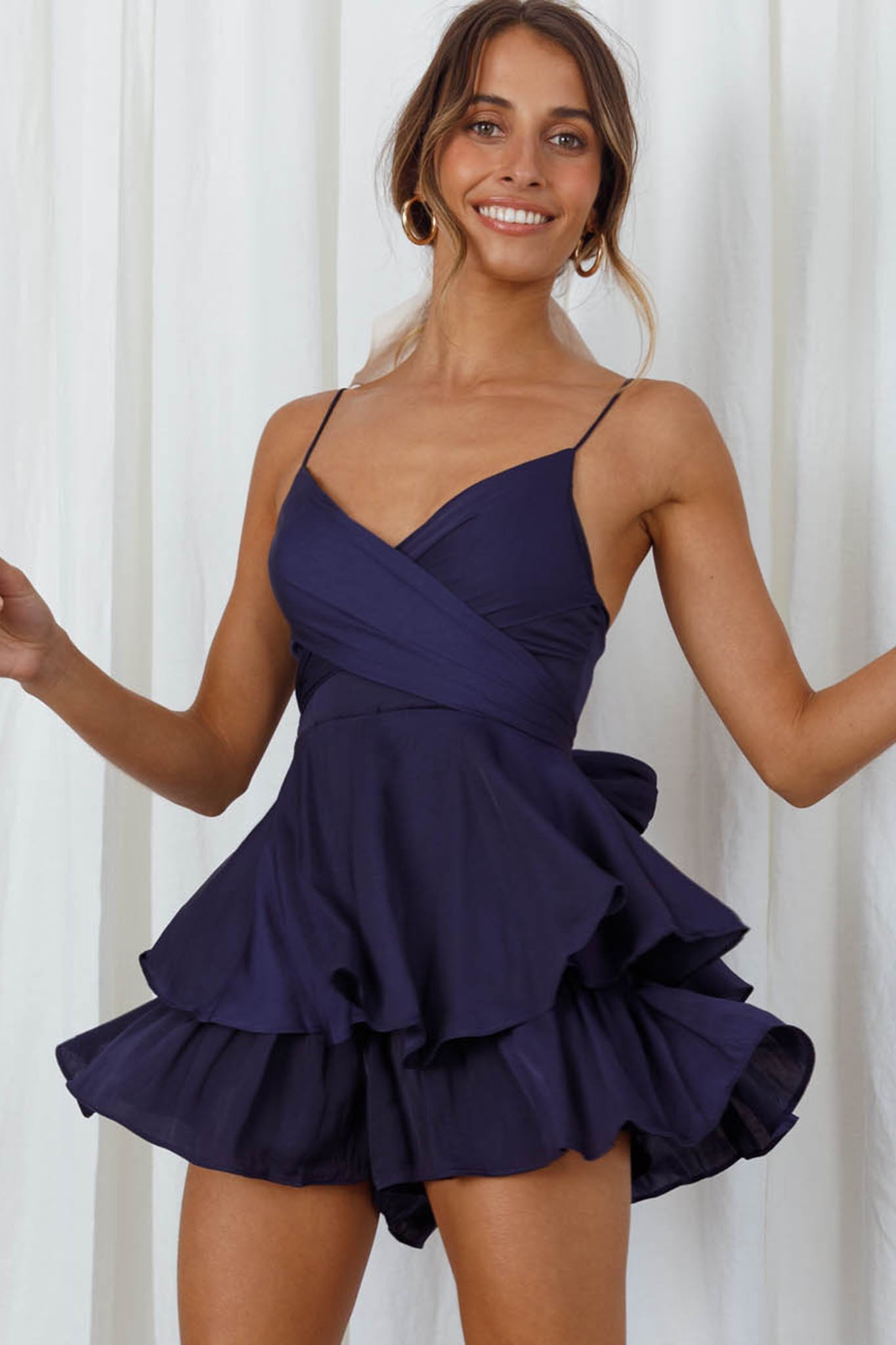 It's Complicated Crossover Bodice Flounce Romper Navy by Selfie Leslie