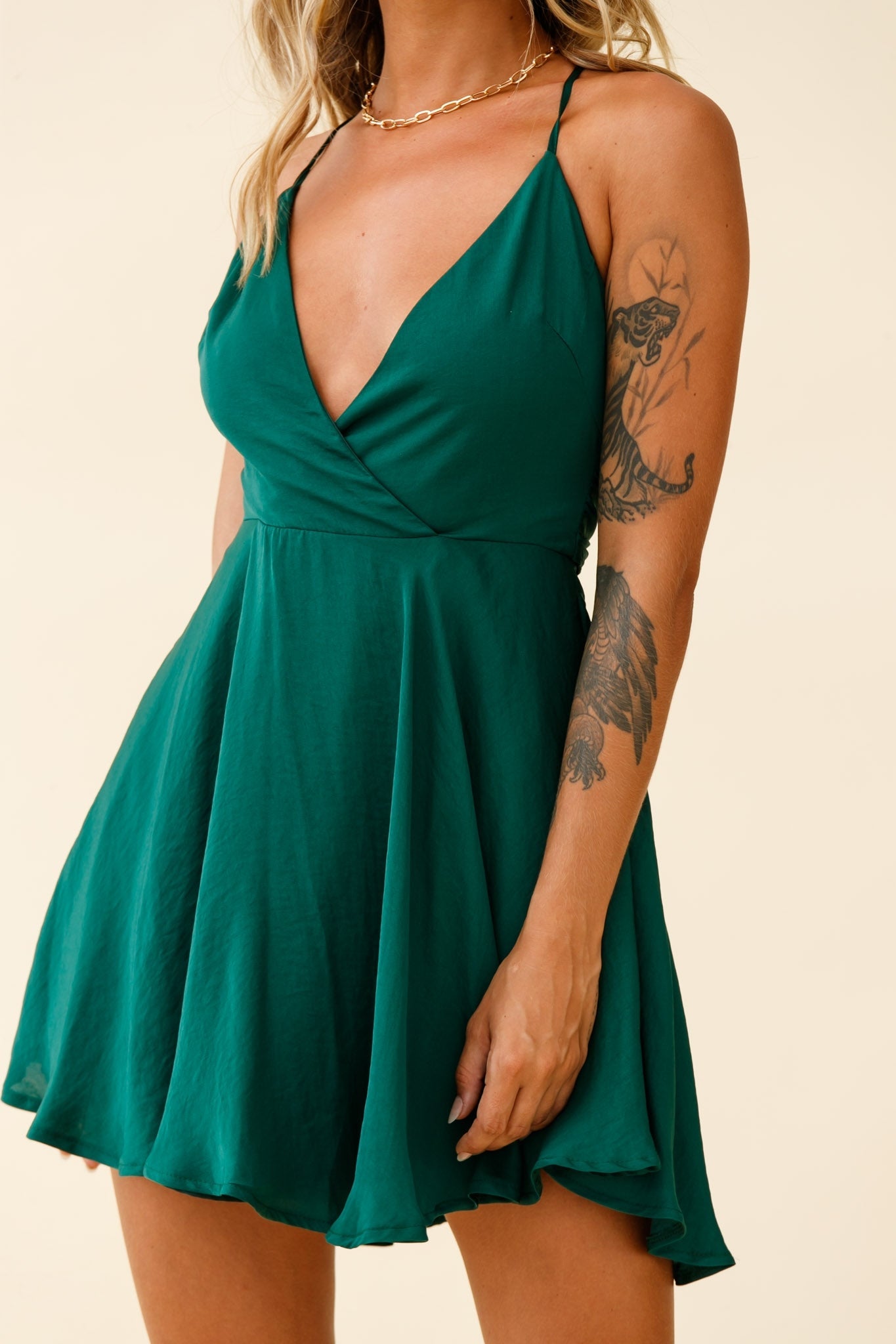 Secret Place Strappy Tie Back Party Dress Forest Green by Selfie Leslie
