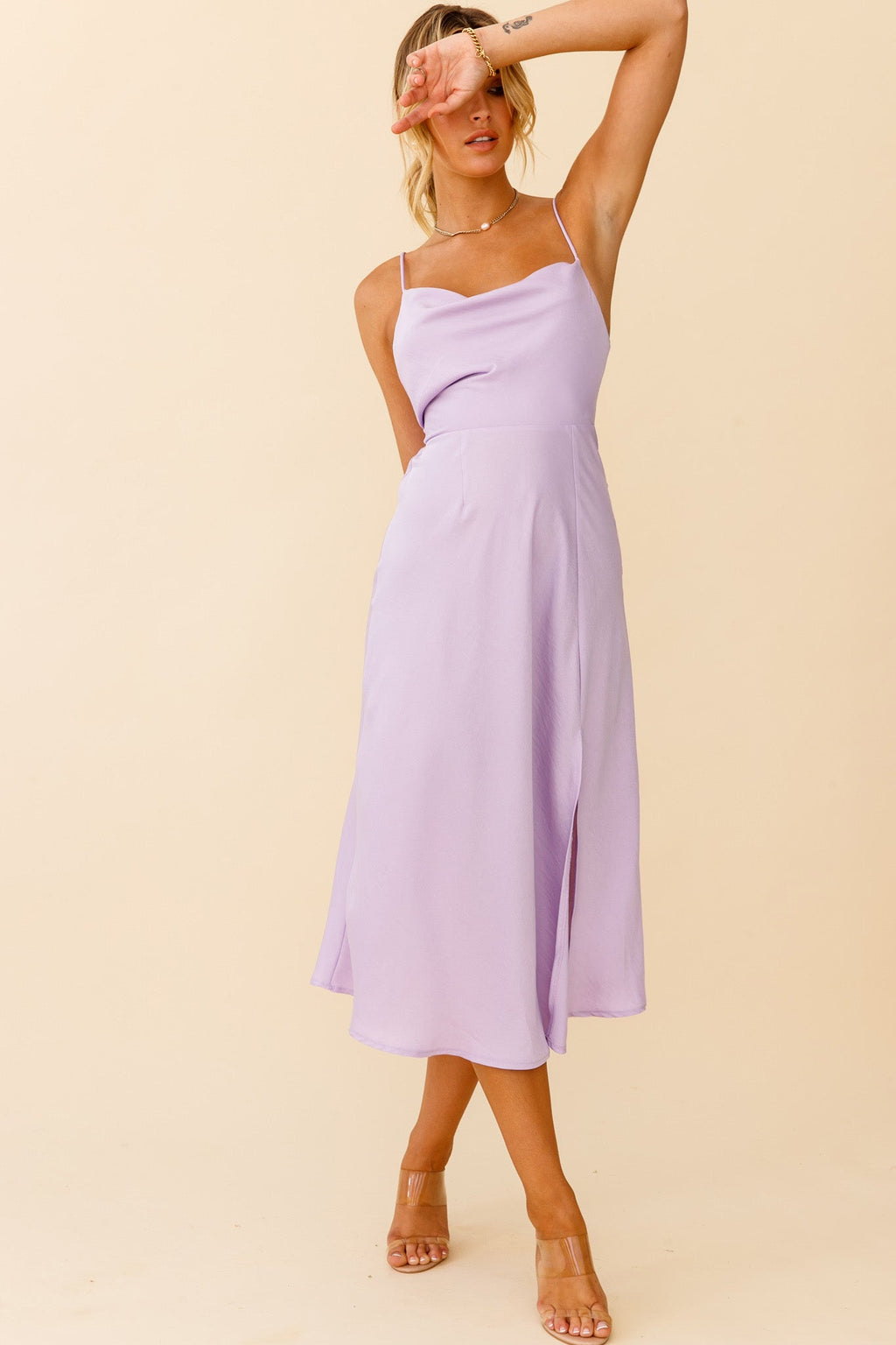 Suki Front Split Midi Dress Lilac by Selfie Leslie