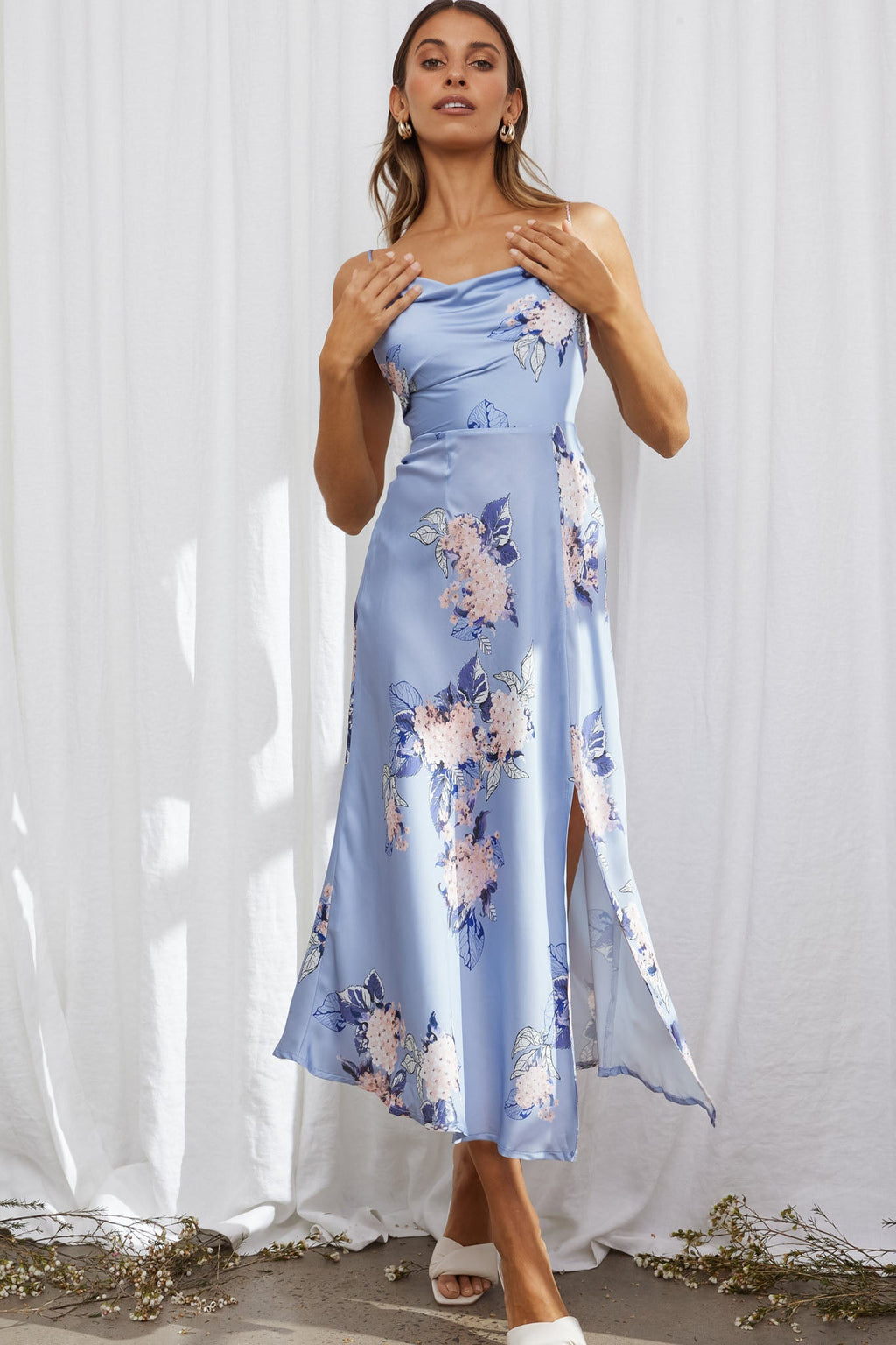 Suki Front Split Midi Dress Hydrangea Print Blue by Selfie Leslie