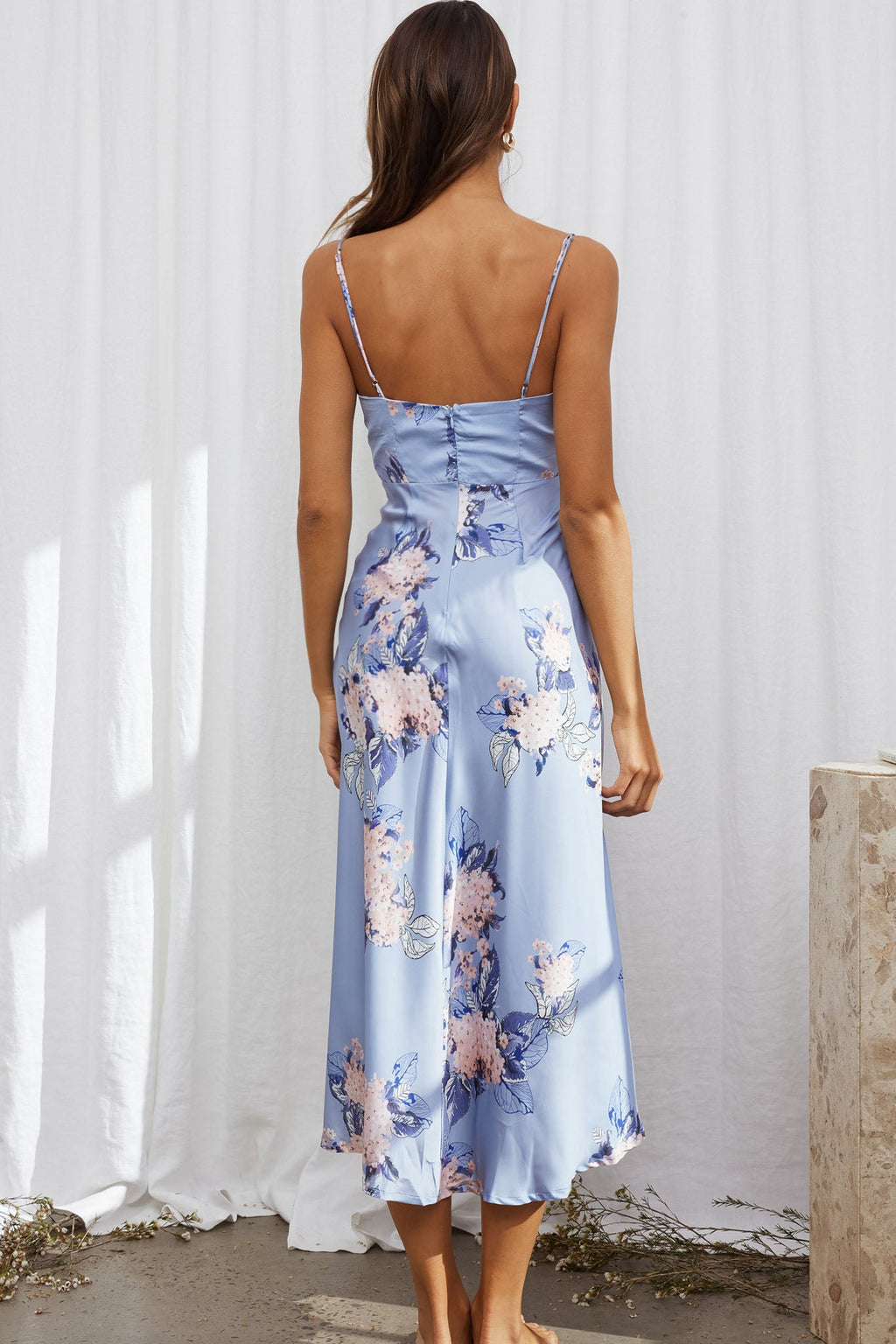 Suki Front Split Midi Dress Hydrangea Print Blue by Selfie Leslie