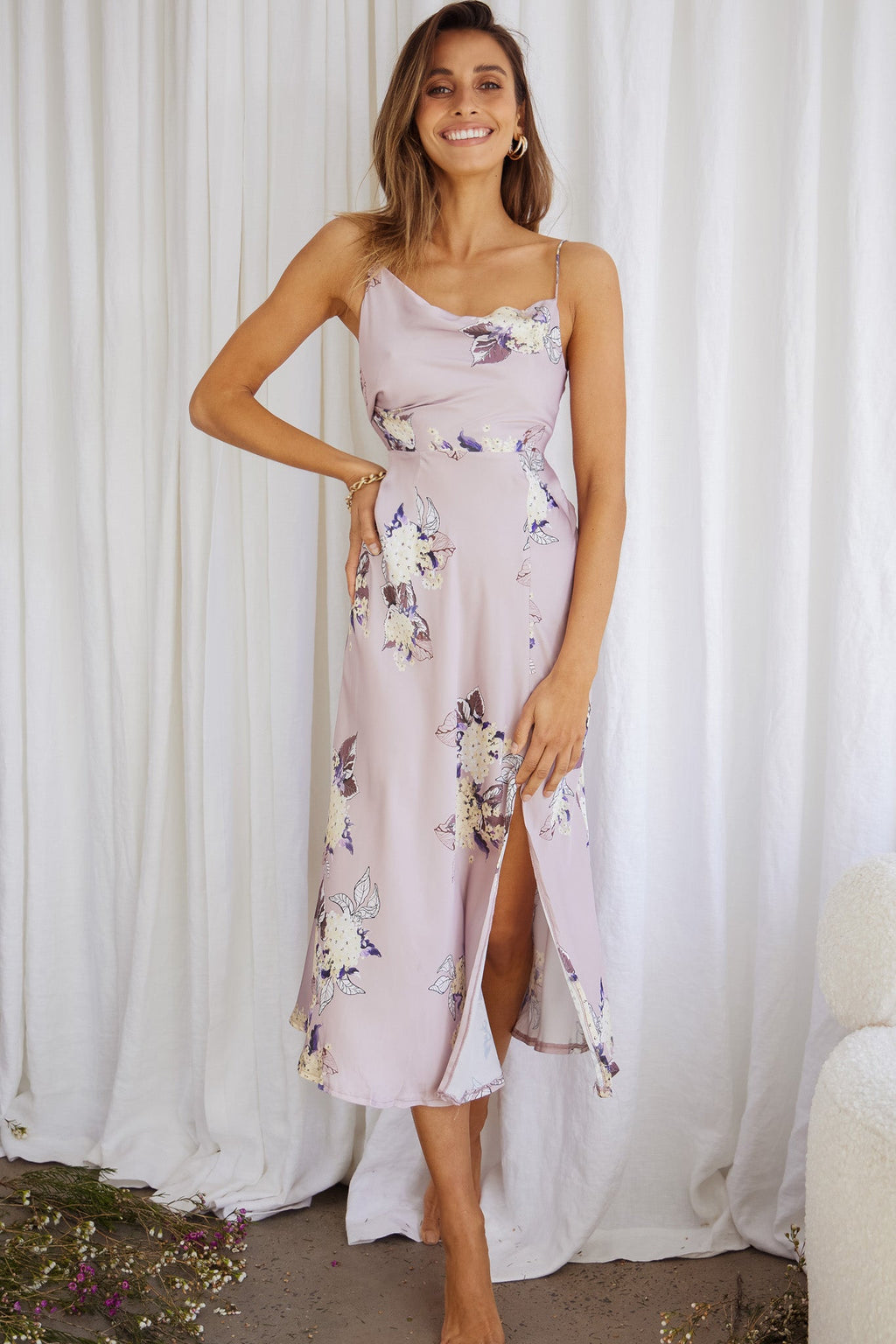 Suki Front Split Midi Dress Hydrangea Print Pink by Selfie Leslie
