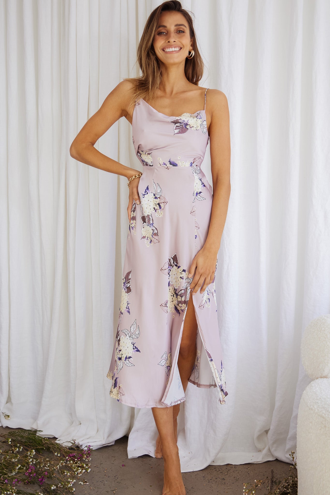 Suki Front Split Midi Dress Hydrangea Print Pink by Selfie Leslie