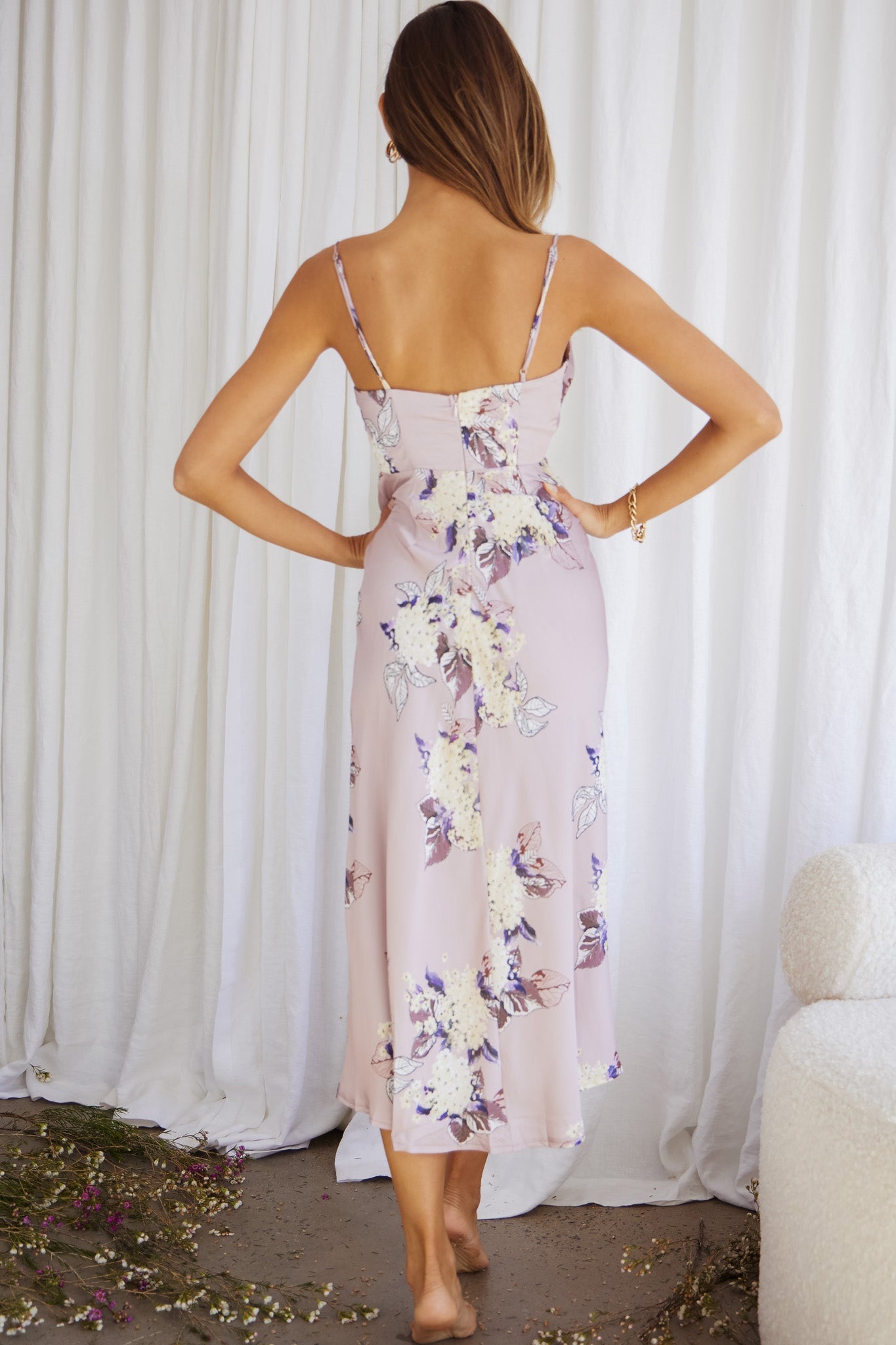 Suki Front Split Midi Dress Hydrangea Print Pink by Selfie Leslie
