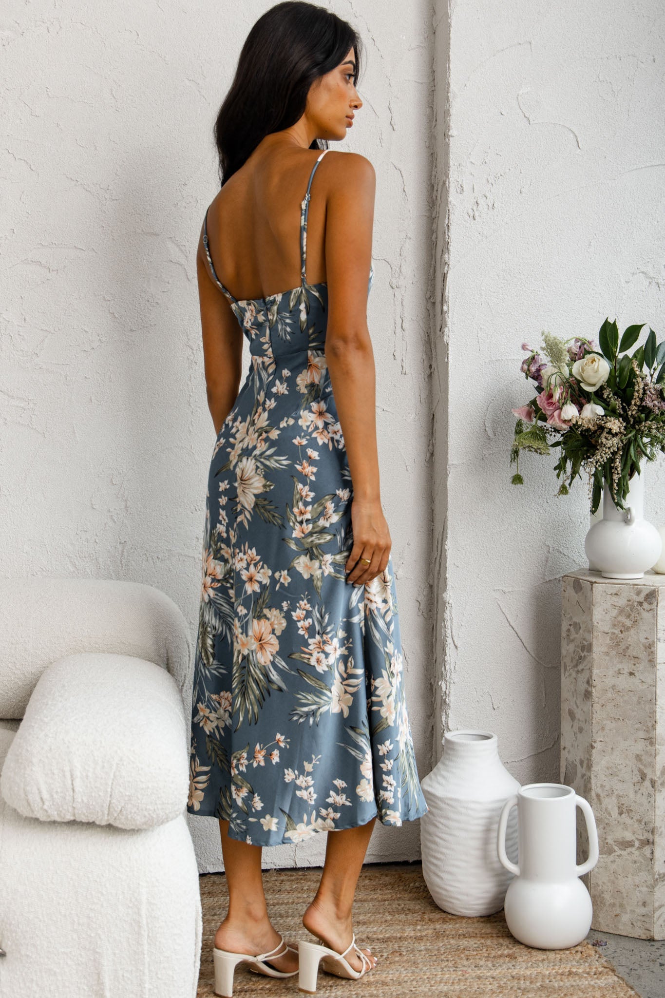 Suki Front Split Midi Dress Tropical Floral Print Navy by Selfie Leslie