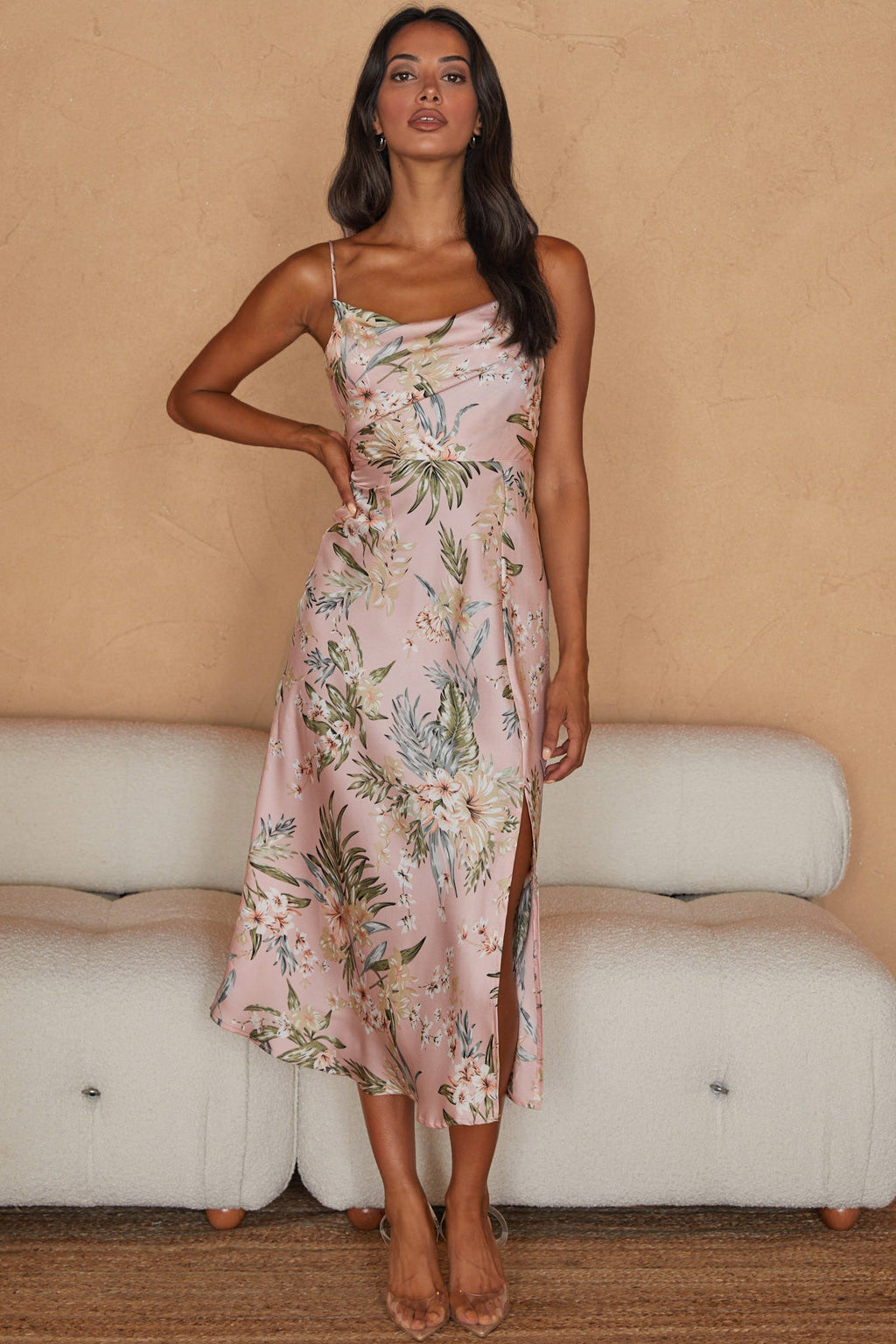 Suki Front Split Midi Dress Tropical Floral Print Pink by Selfie Leslie