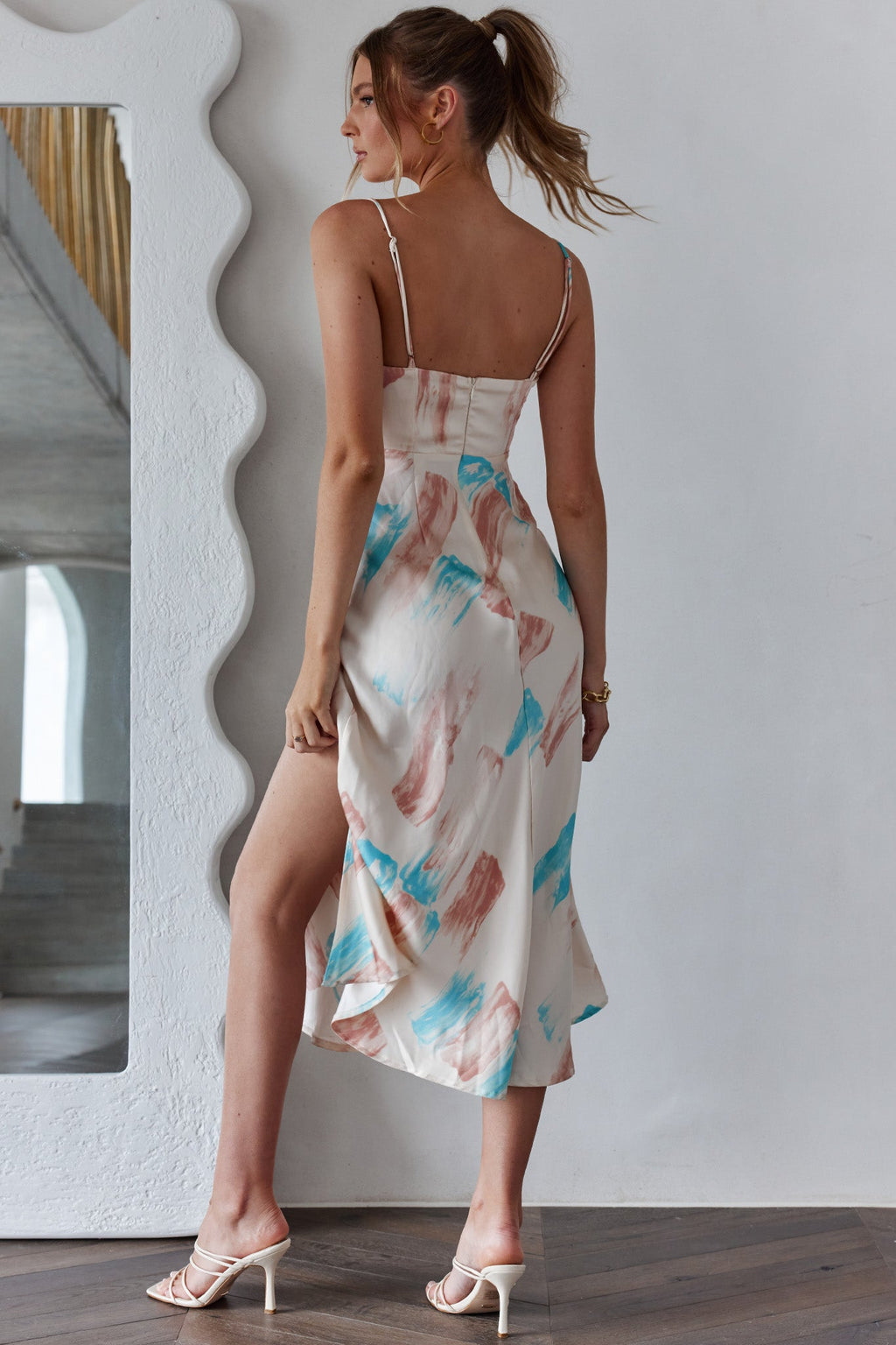 Suki Front Split Midi Dress Watercolor Paint Print Pink by Selfie Leslie