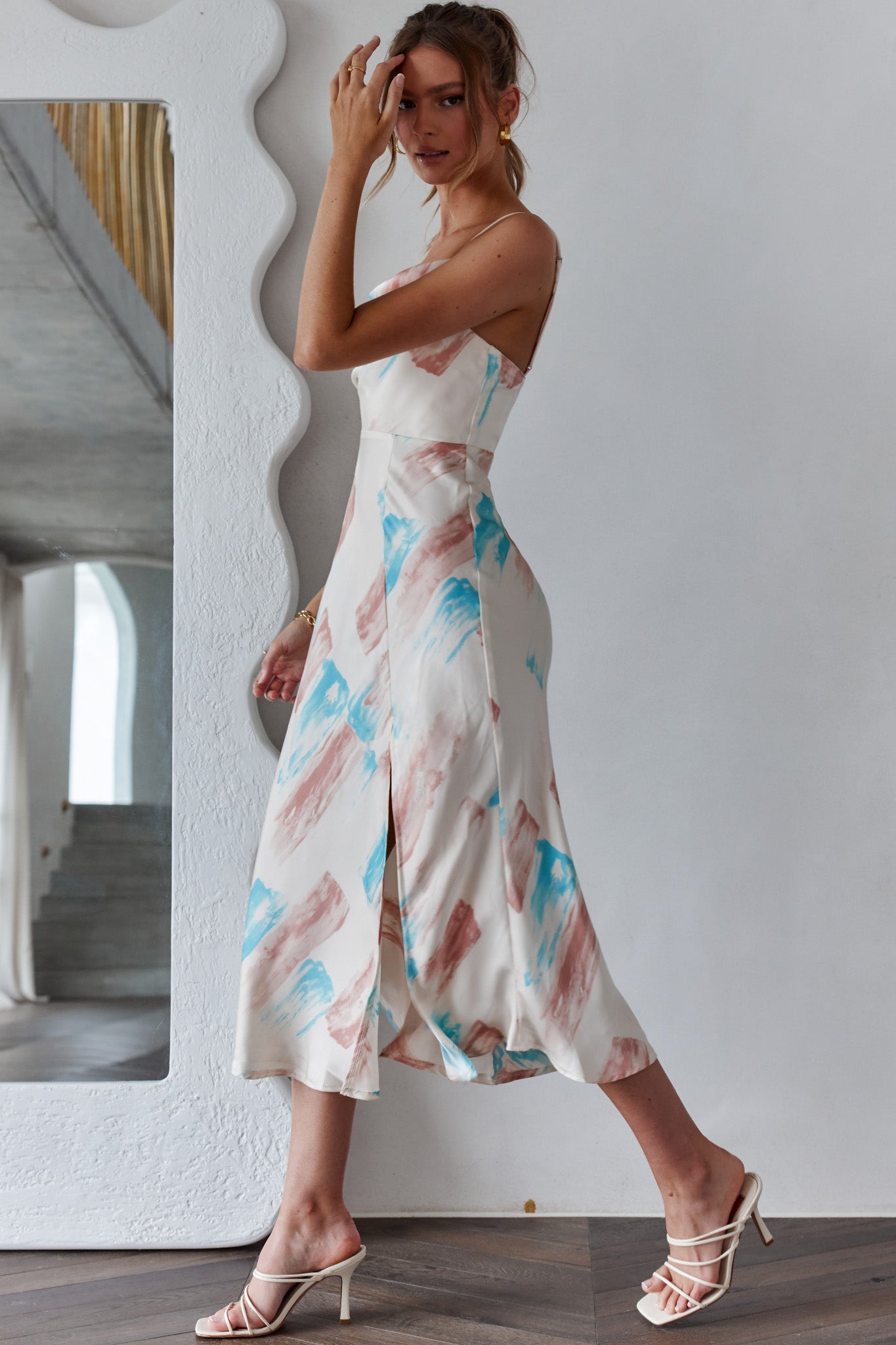 Suki Front Split Midi Dress Watercolor Paint Print Pink by Selfie Leslie