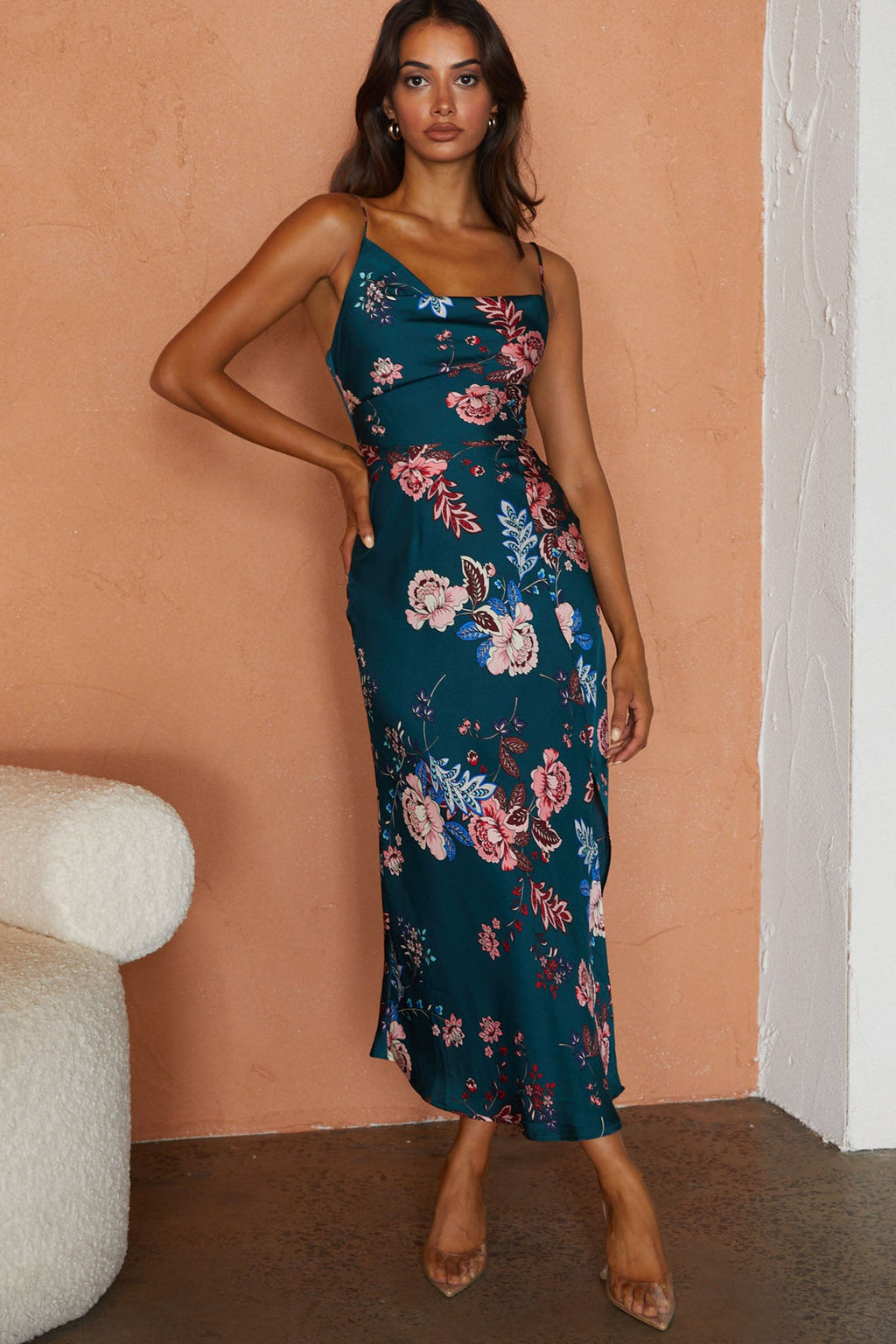 Suki Front Split Midi Dress Oriental Floral Print Forest Green by Selfie Leslie