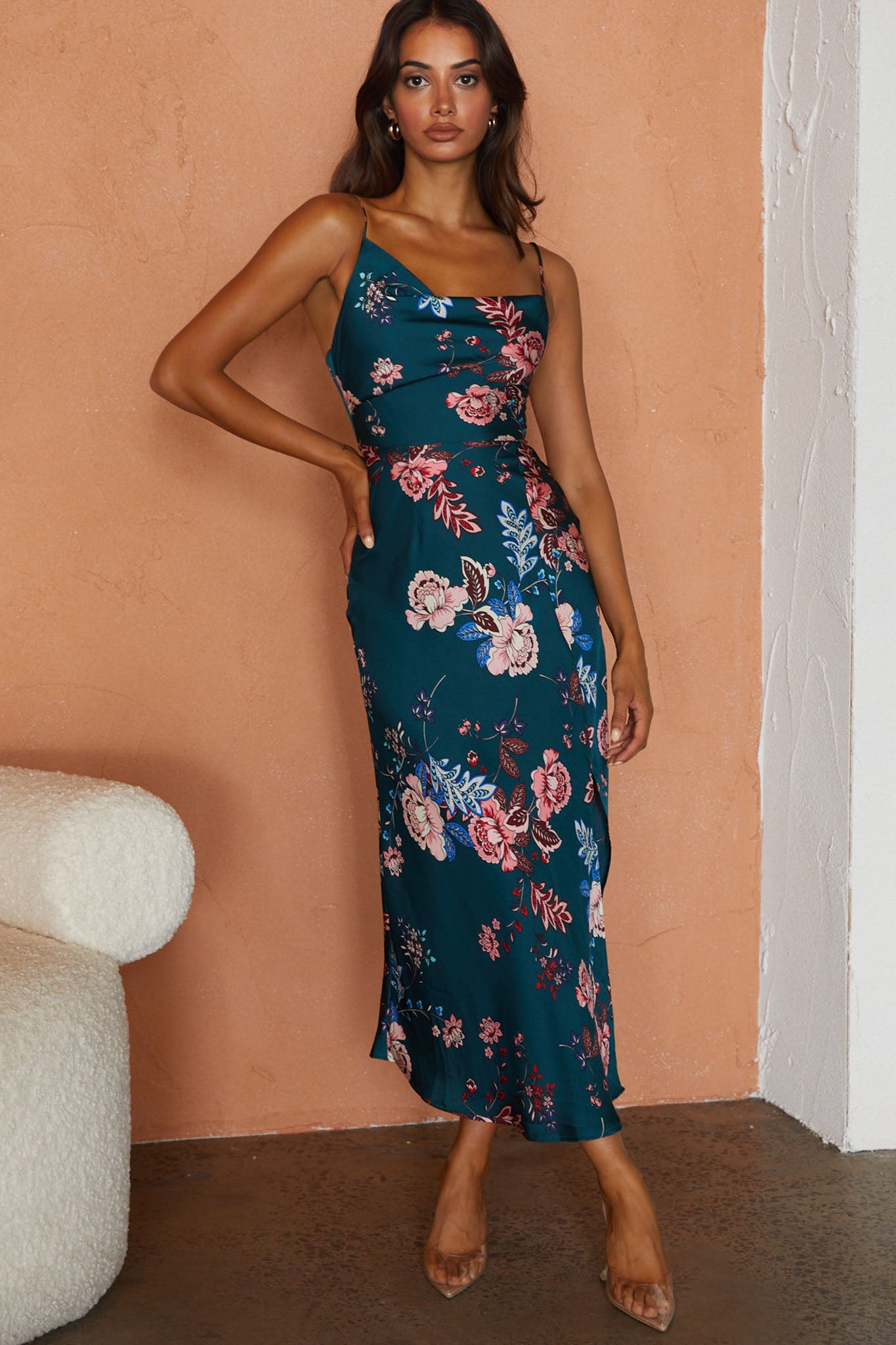Suki Front Split Midi Dress Oriental Floral Print Forest Green by Selfie Leslie