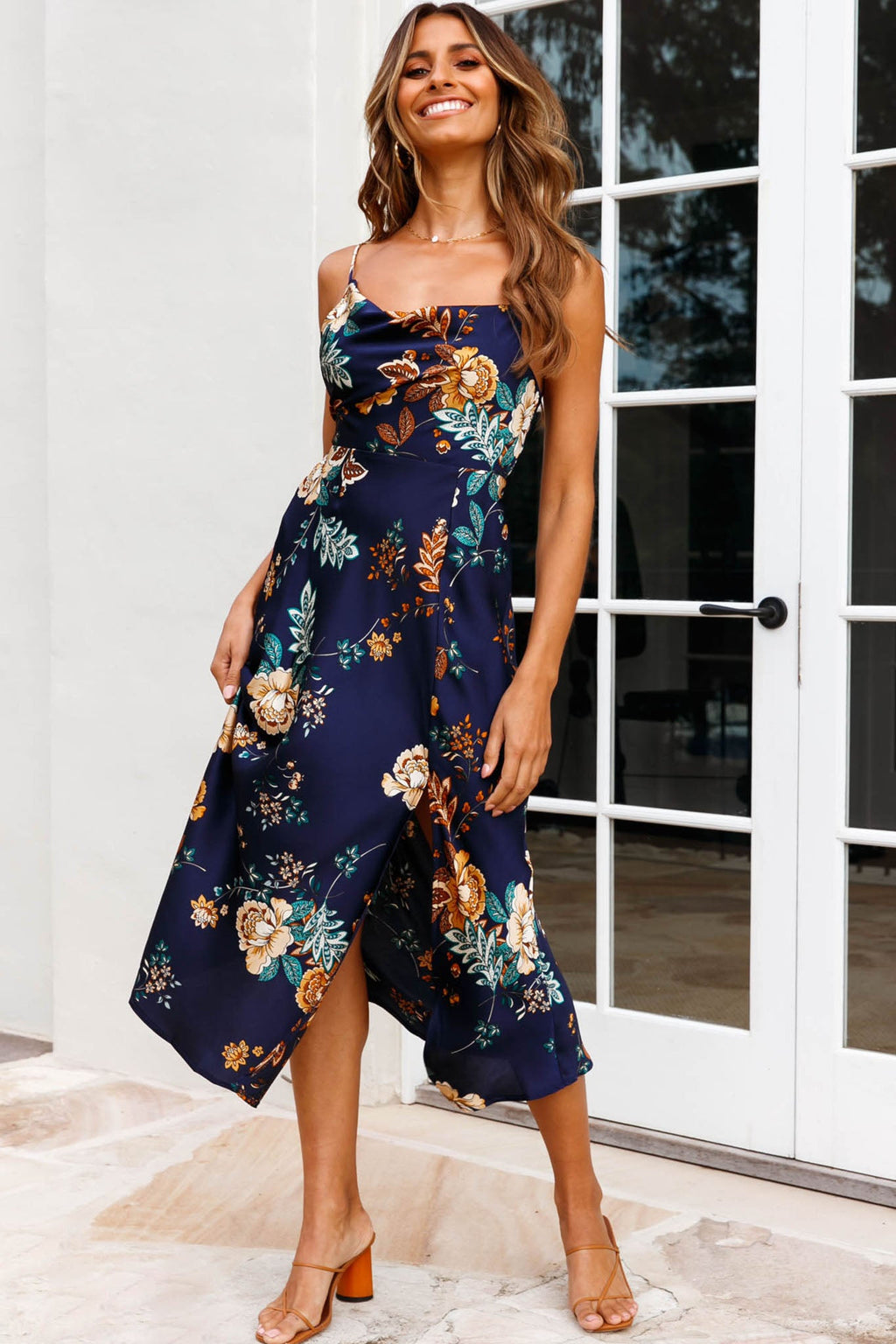 Suki Front Split Midi Dress Oriental Floral Print Navy by Selfie Leslie