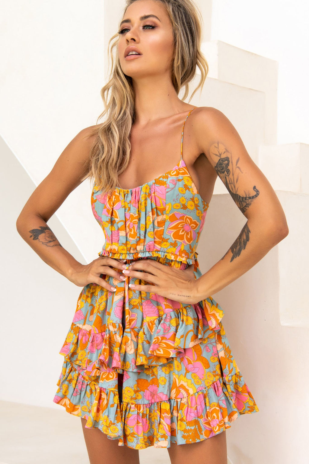 Geordie Ruched Bust Frill Trim Dress Floral Print Aqua Multi by Selfie Leslie