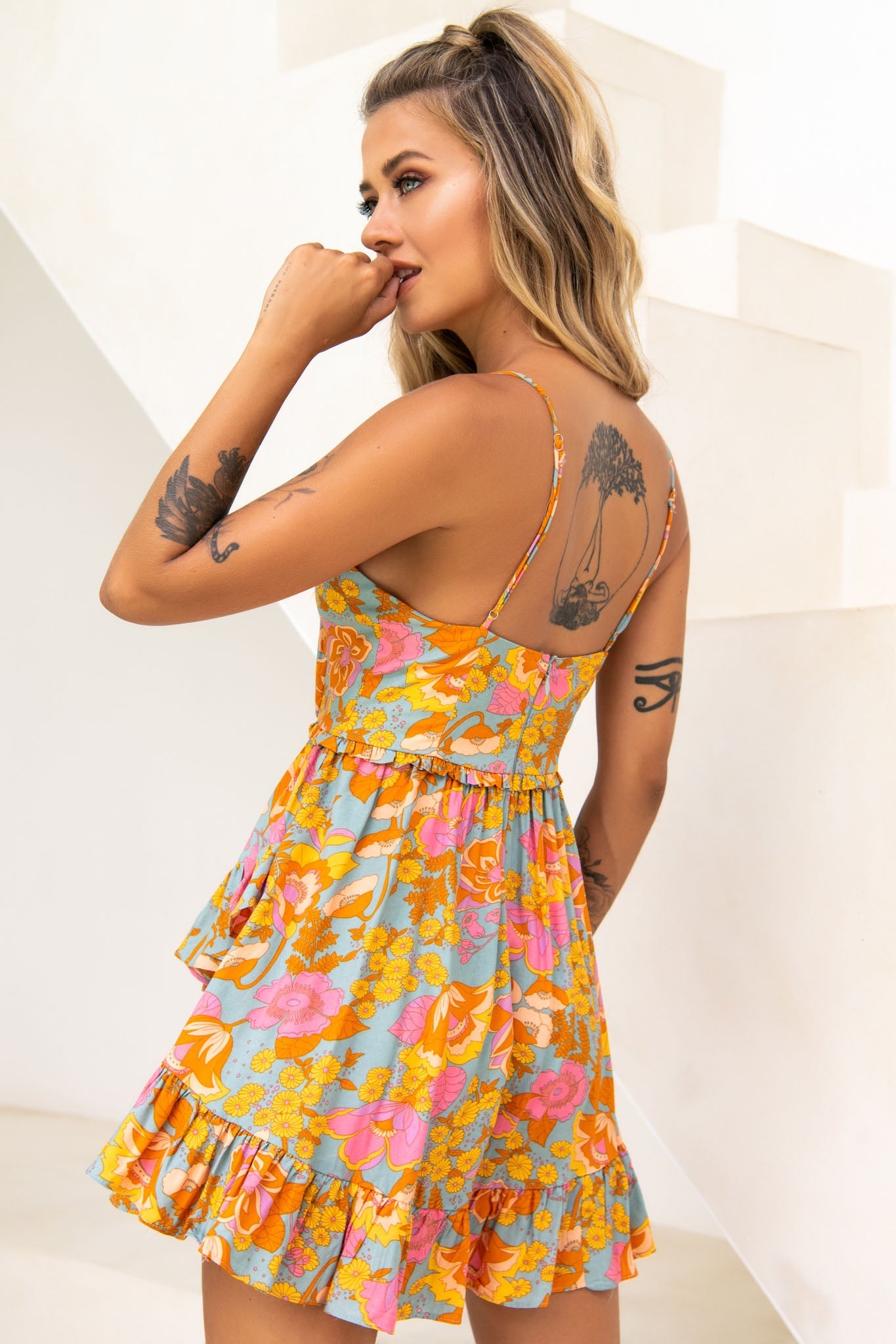 Geordie Ruched Bust Frill Trim Dress Floral Print Aqua Multi by Selfie Leslie