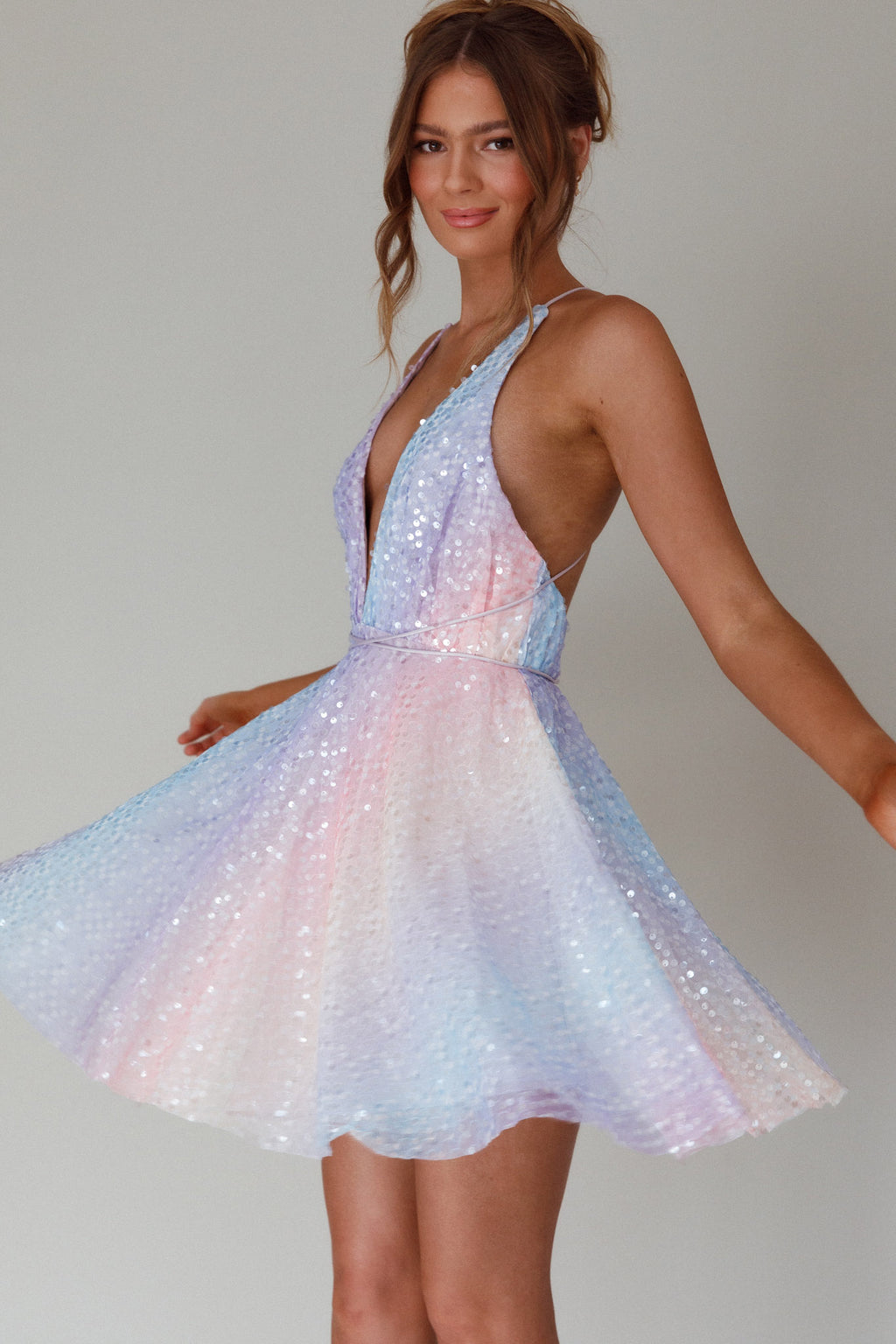 Floating By Plunging Neckline Mini Dress Sequin Rainbow by Selfie Leslie Australia