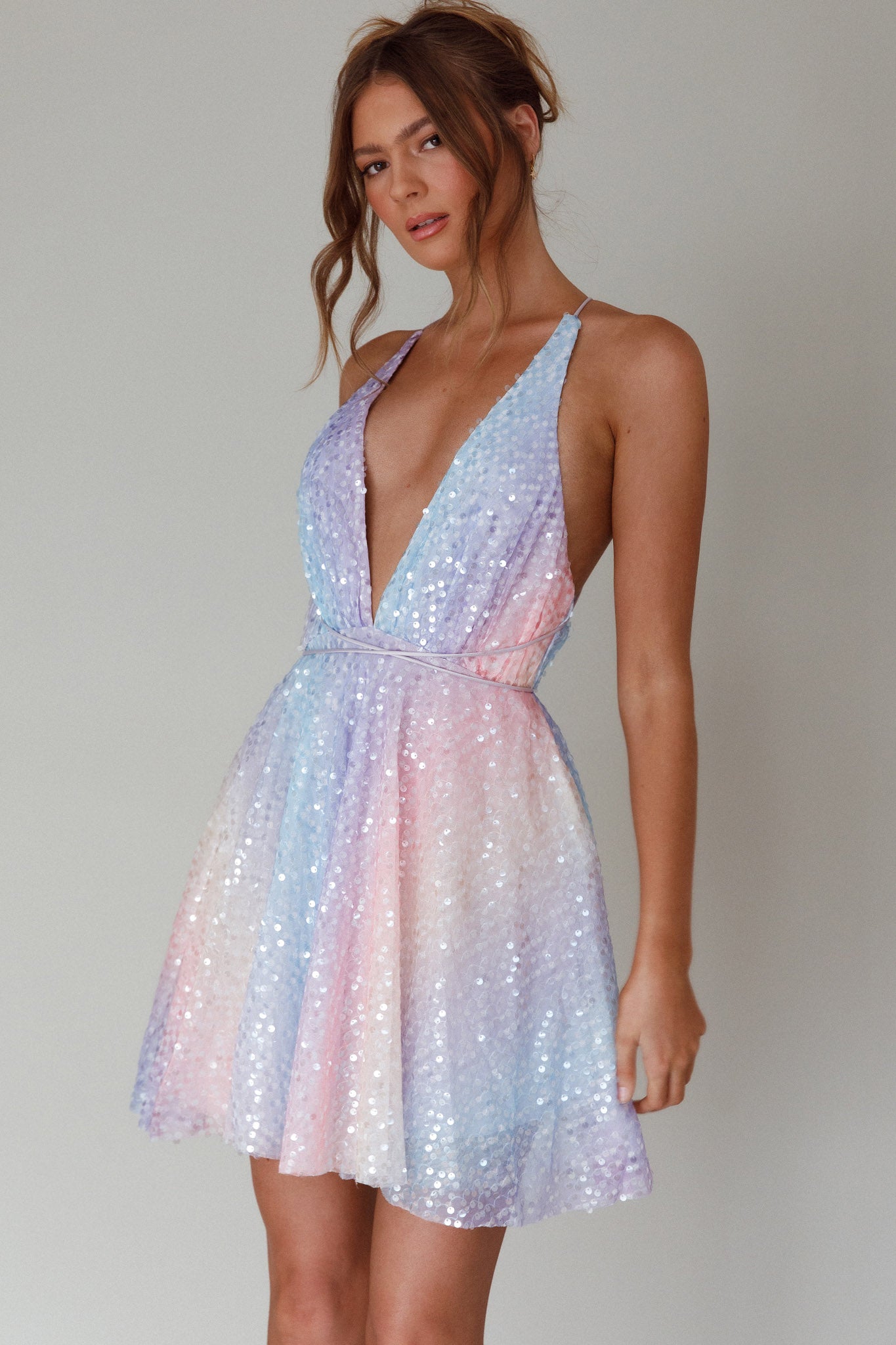 Floating By Plunging Neckline Mini Dress Sequin Rainbow by Selfie Leslie Australia
