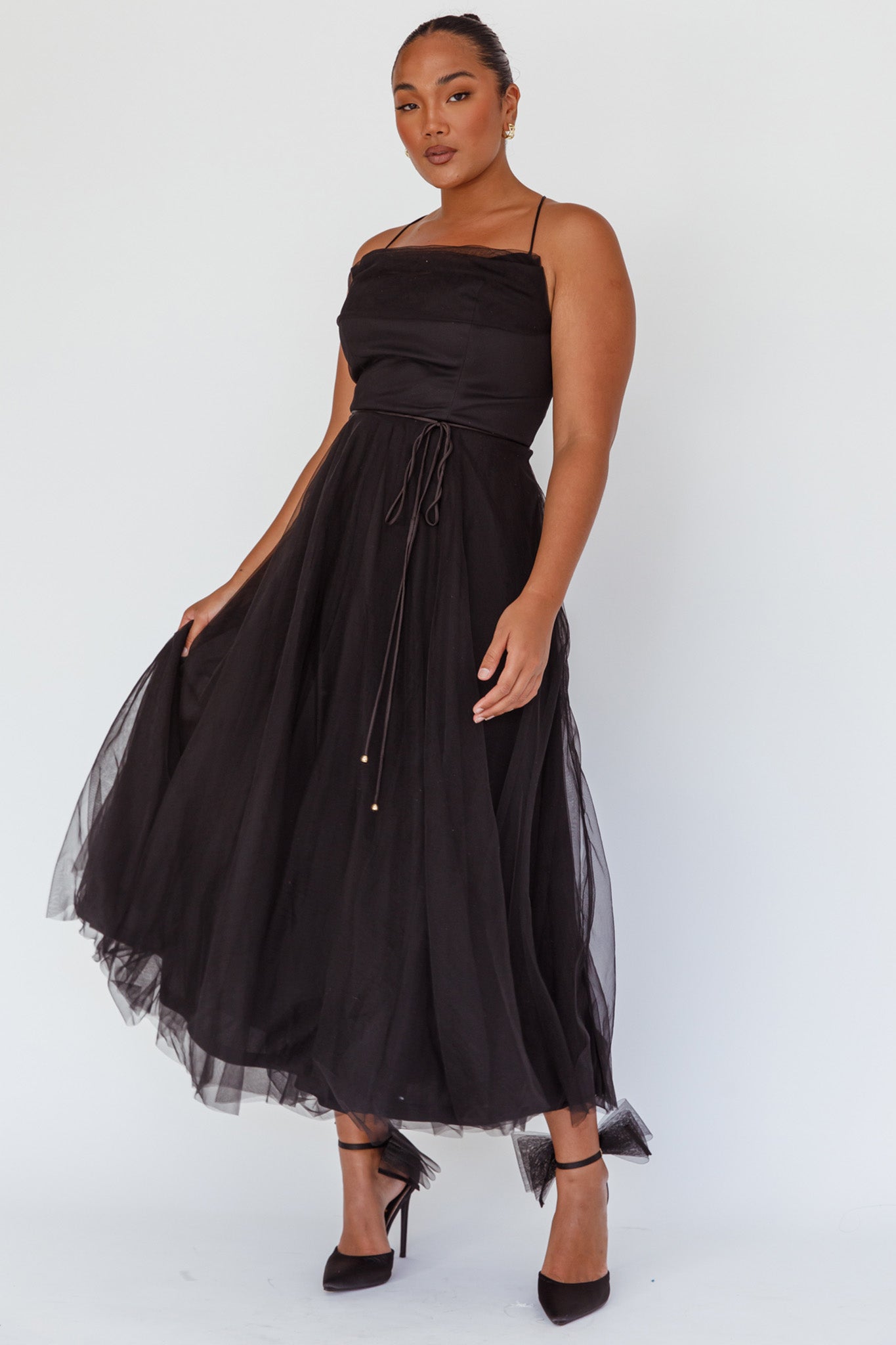 Floating By Pleated Neckline Mesh Midi Dress Black by Selfie Leslie Australia