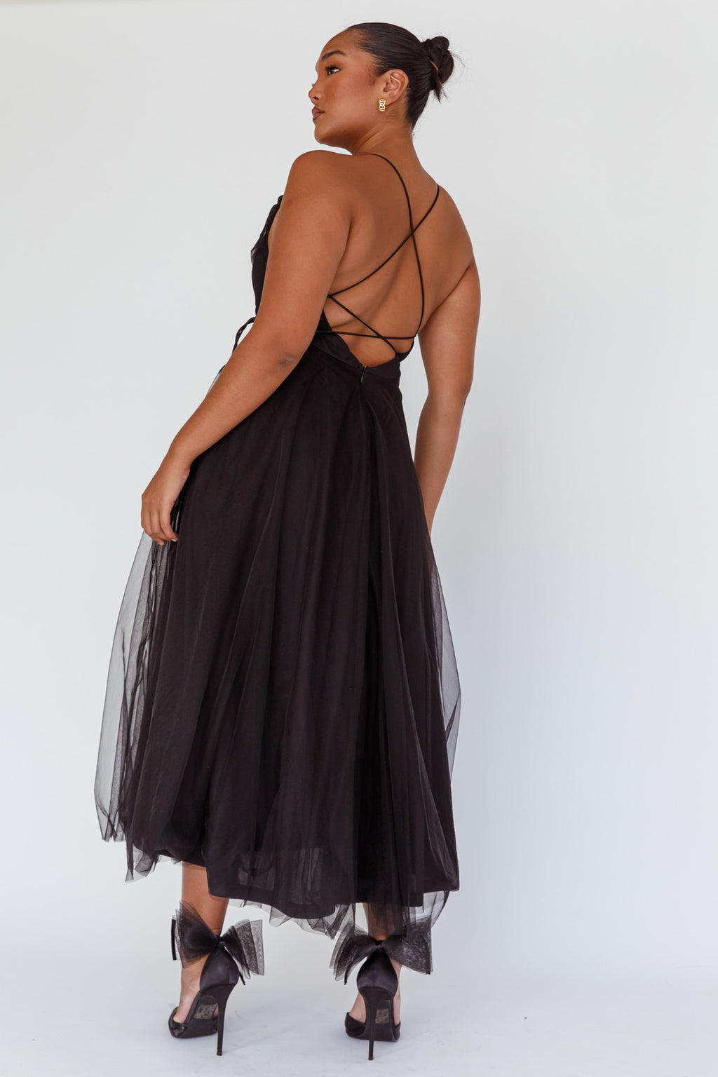 Floating By Pleated Neckline Mesh Midi Dress Black by Selfie Leslie Australia