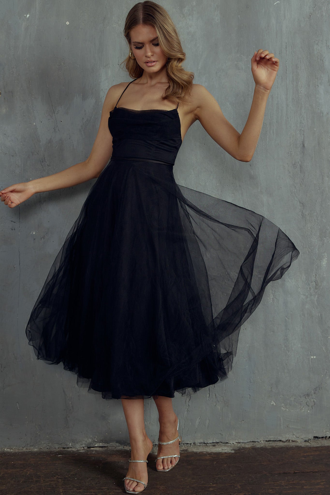 Floating By Pleated Neckline Mesh Midi Dress Black by Selfie Leslie