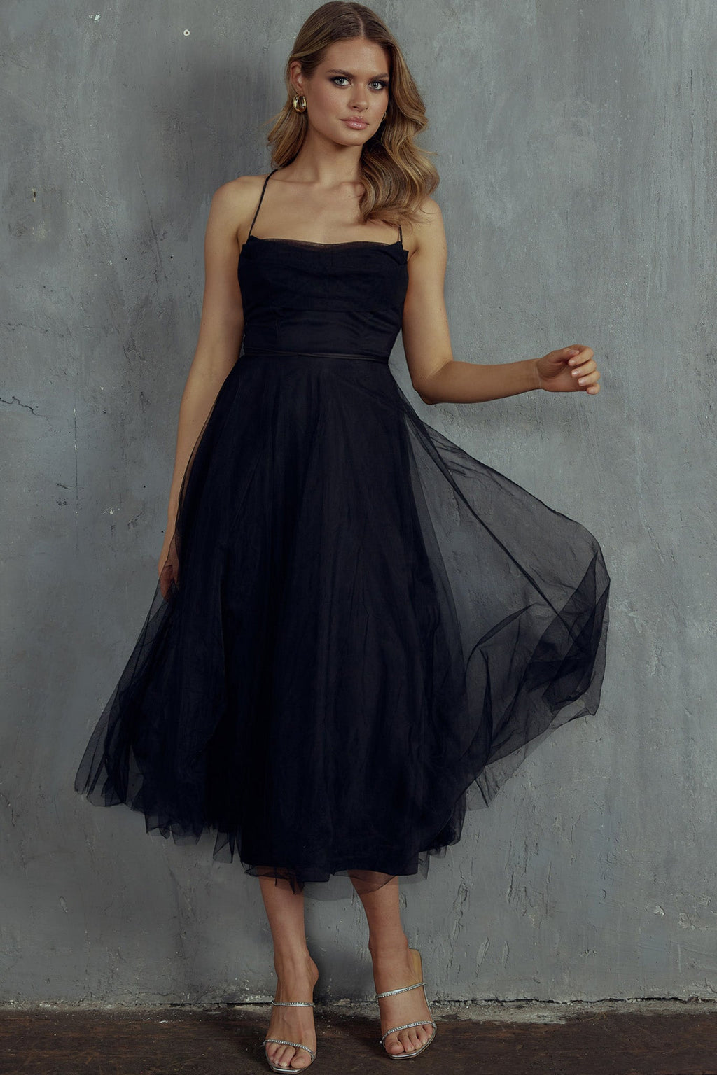 Floating By Pleated Neckline Mesh Midi Dress Black by Selfie Leslie