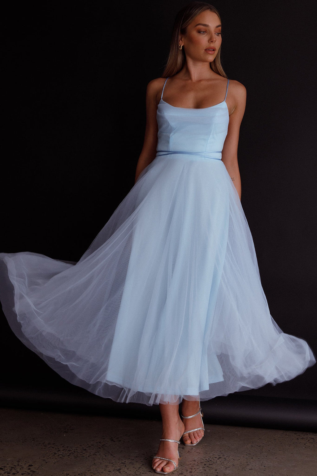 Floating By Pleated Neckline Mesh Midi Dress Blue by Selfie Leslie