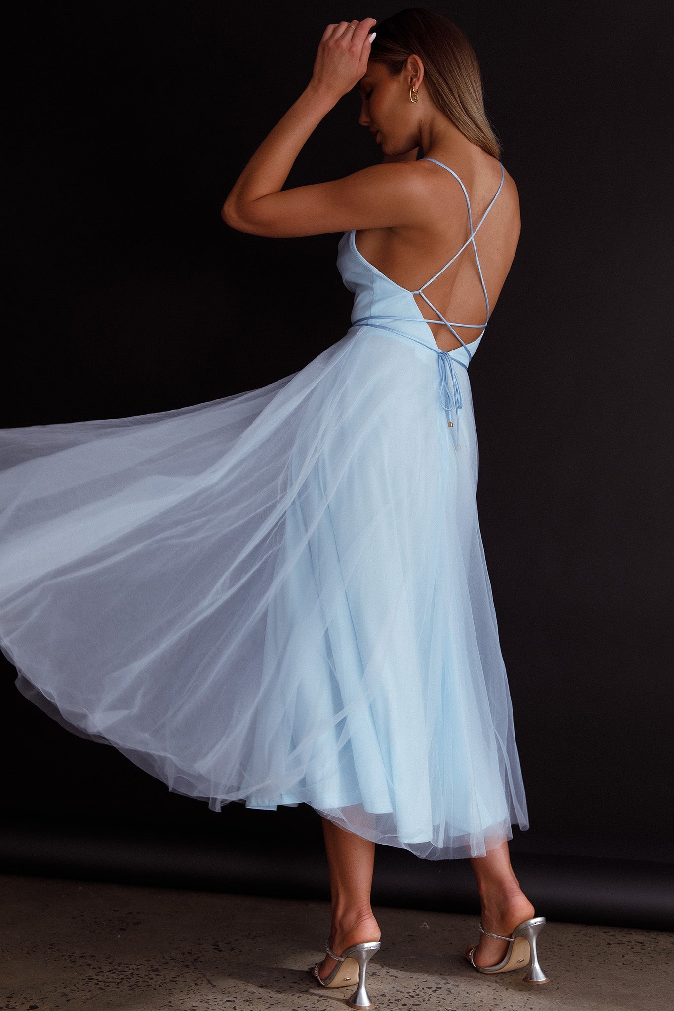 Floating By Pleated Neckline Mesh Midi Dress Blue by Selfie Leslie