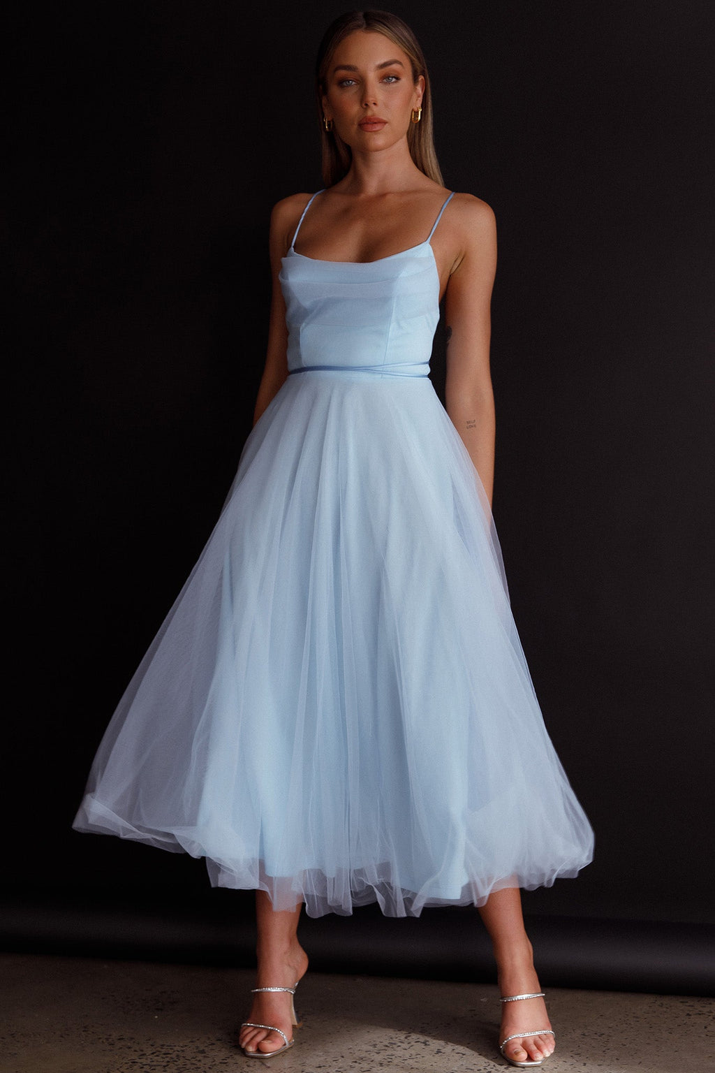 Floating By Pleated Neckline Mesh Midi Dress Blue by Selfie Leslie