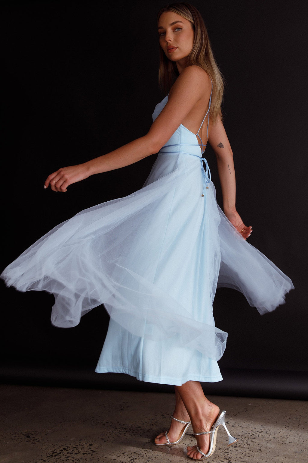 Floating By Pleated Neckline Mesh Midi Dress Blue by Selfie Leslie