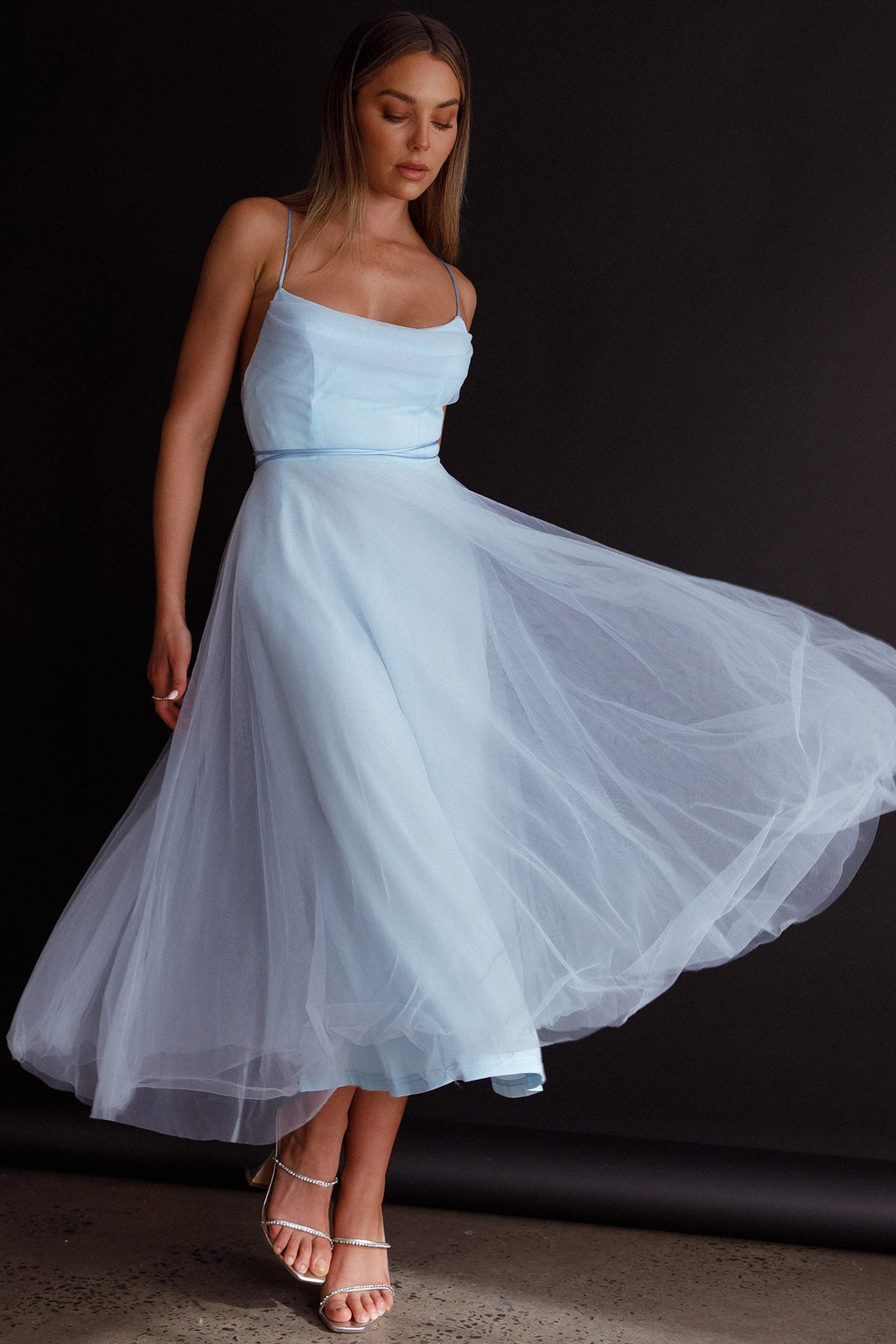 Floating By Pleated Neckline Mesh Midi Dress Blue by Selfie Leslie