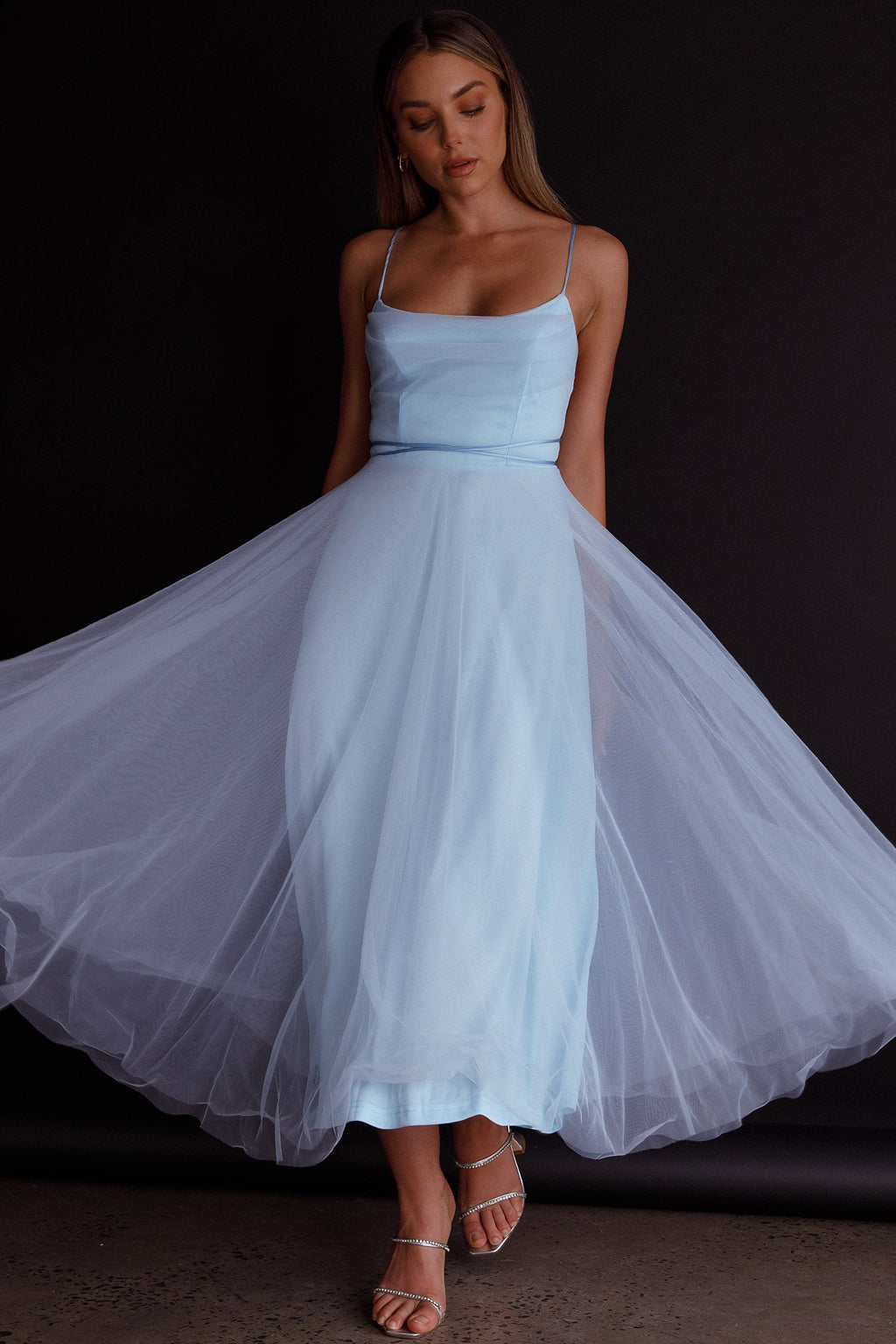 Floating By Pleated Neckline Mesh Midi Dress Blue by Selfie Leslie