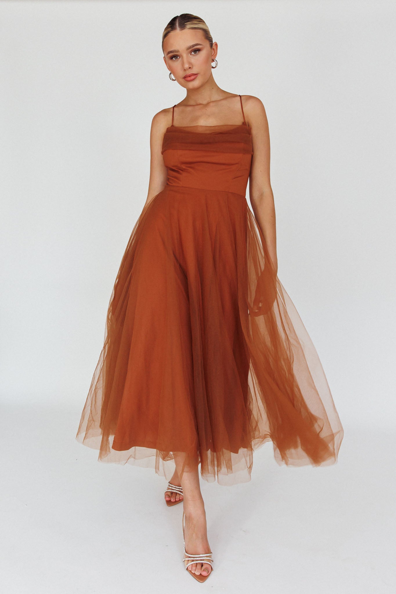 Floating By Pleated Neckline Mesh Midi Dress Brown by Selfie Leslie Australia