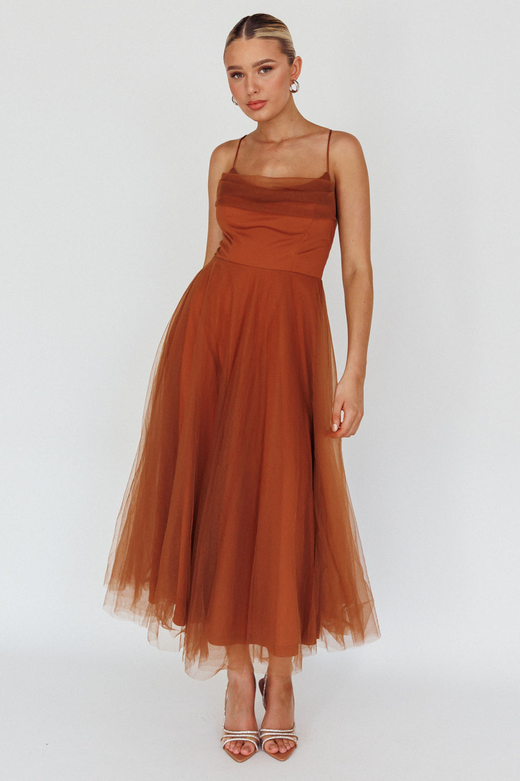 Floating By Pleated Neckline Mesh Midi Dress Brown by Selfie Leslie Australia