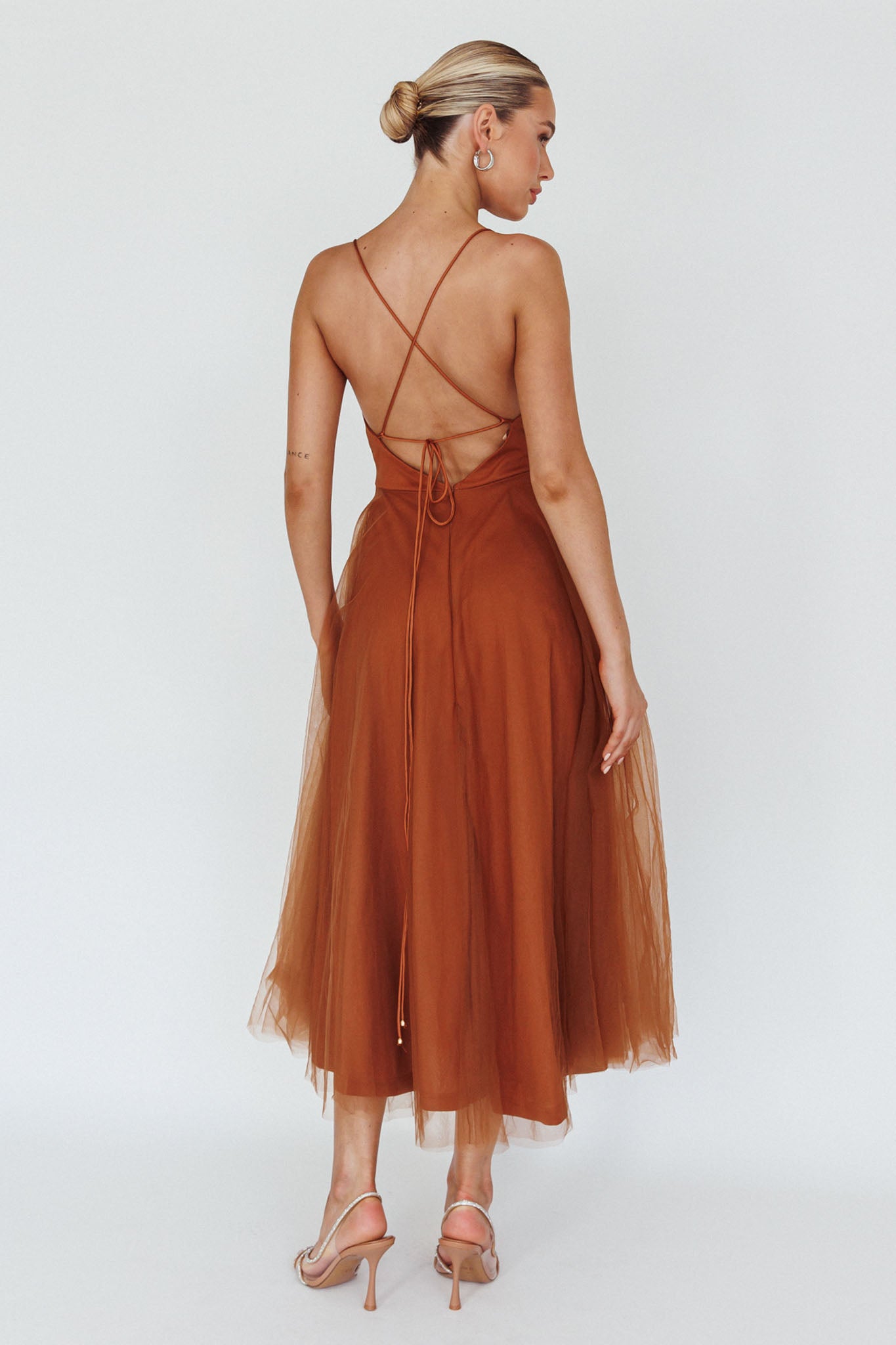 Floating By Pleated Neckline Mesh Midi Dress Brown by Selfie Leslie Australia