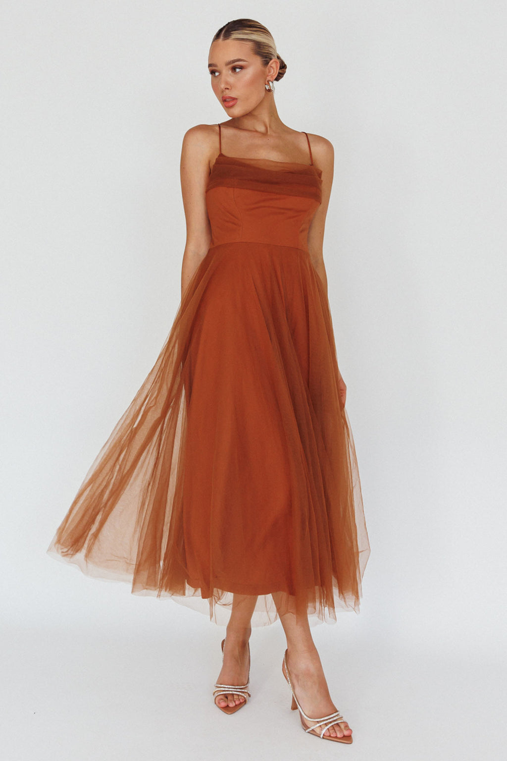 Floating By Pleated Neckline Mesh Midi Dress Brown by Selfie Leslie Australia