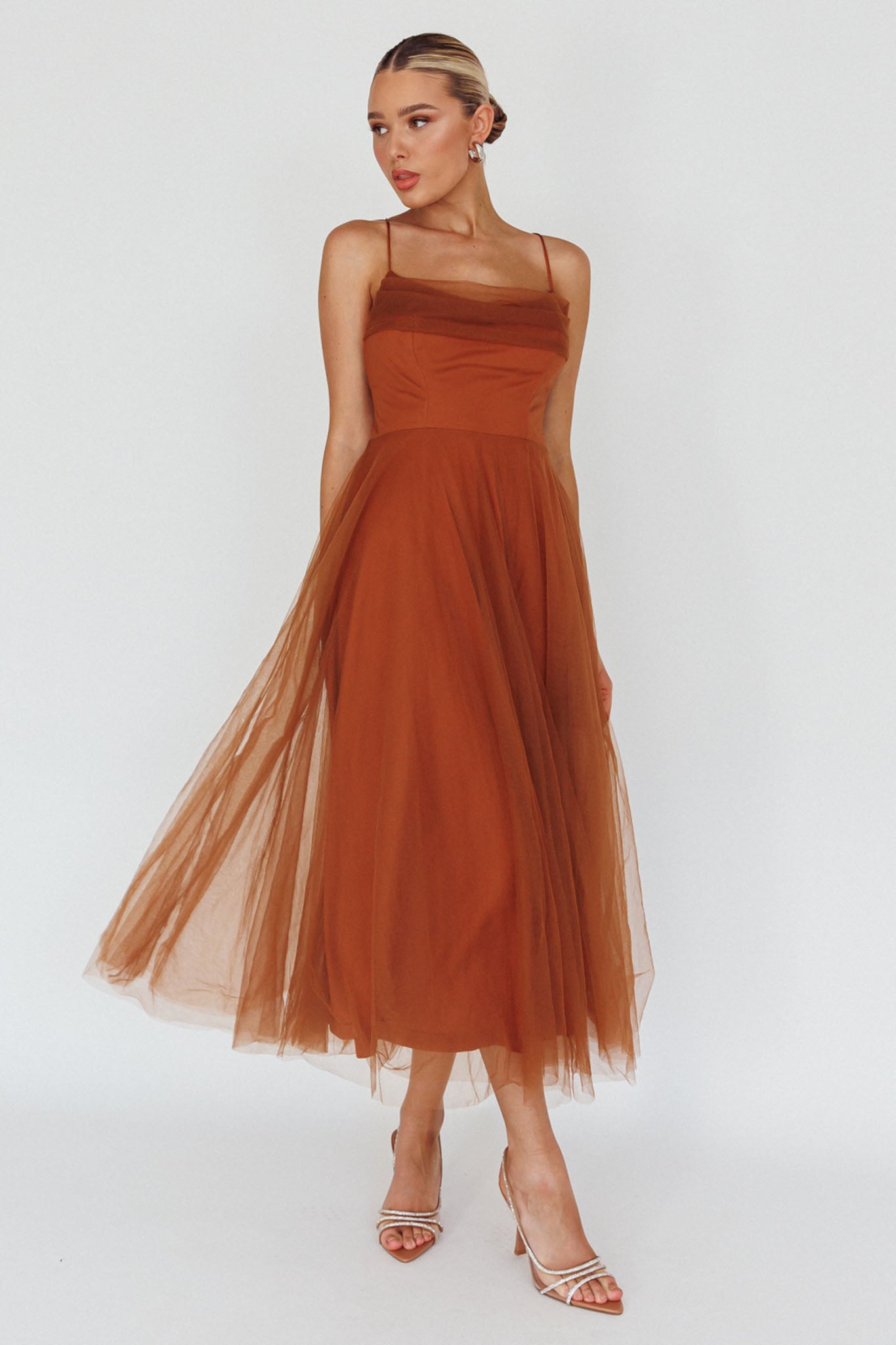 Floating By Pleated Neckline Mesh Midi Dress Brown by Selfie Leslie Australia