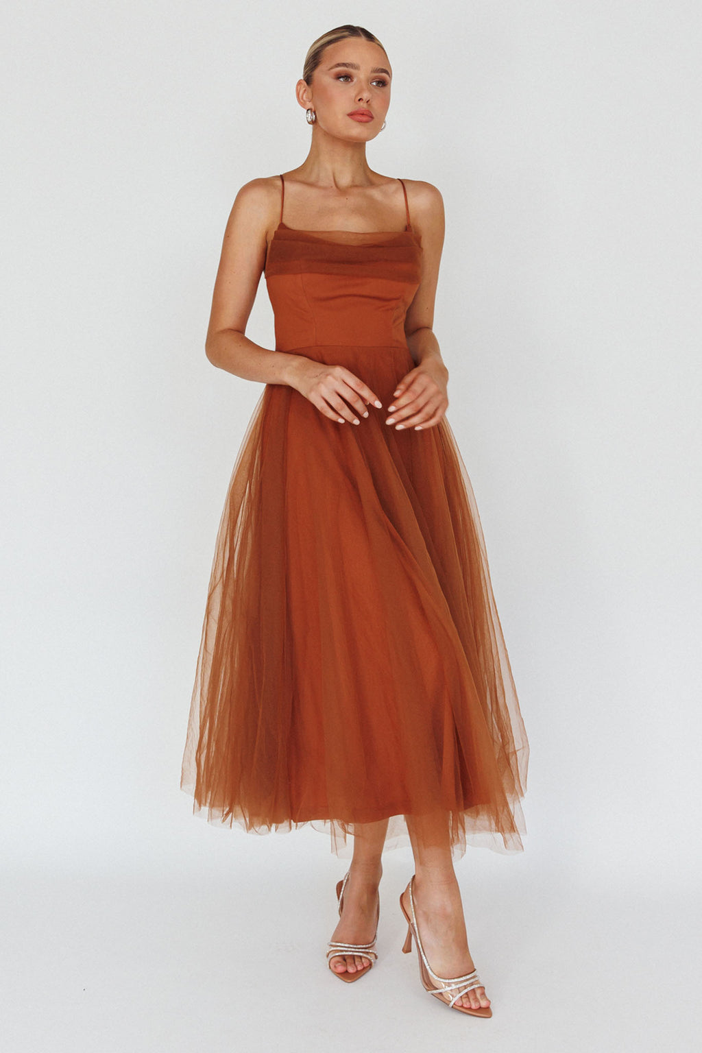 Floating By Pleated Neckline Mesh Midi Dress Brown by Selfie Leslie Australia