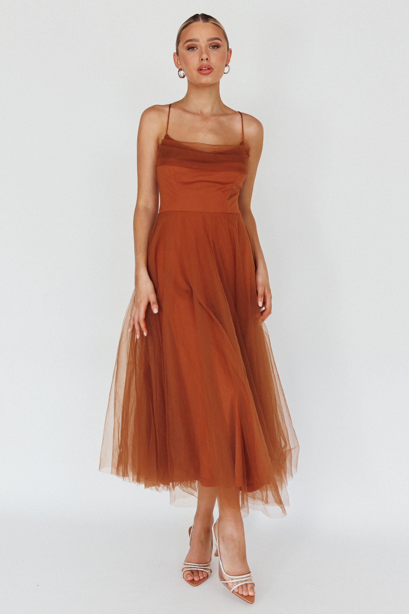 Floating By Pleated Neckline Mesh Midi Dress Brown by Selfie Leslie Australia