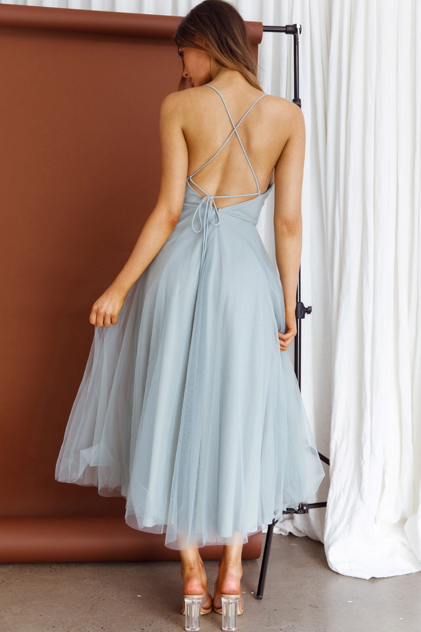 Floating By Pleated Neckline Mesh Midi Dress Sage by Selfie Leslie