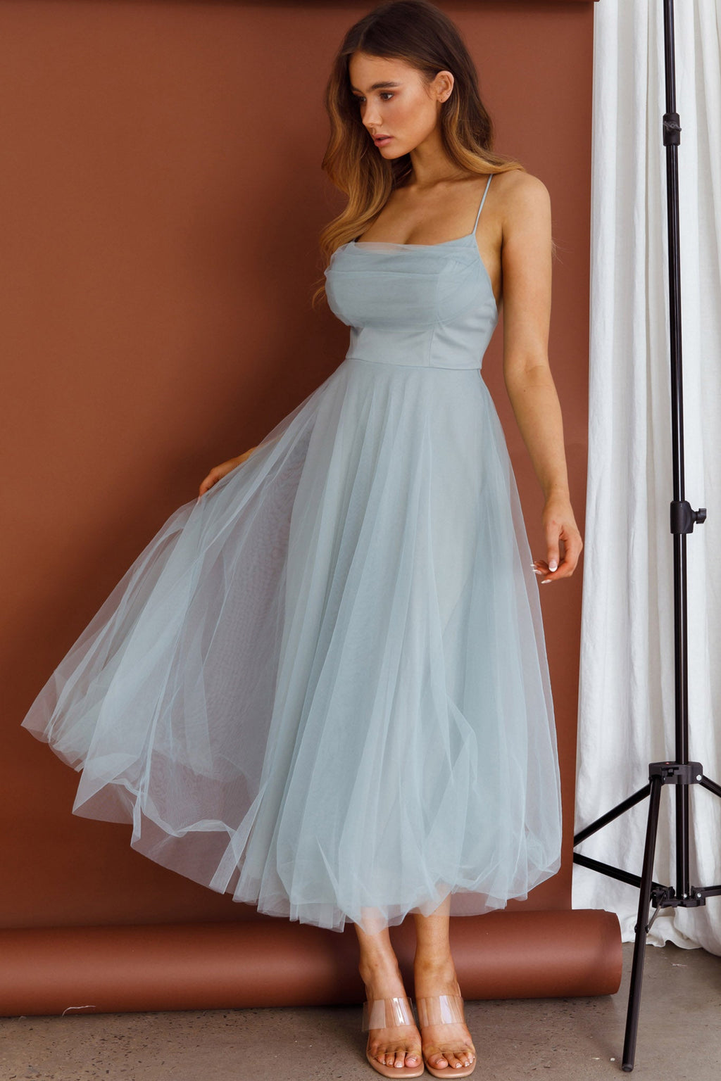 Floating By Pleated Neckline Mesh Midi Dress Sage by Selfie Leslie