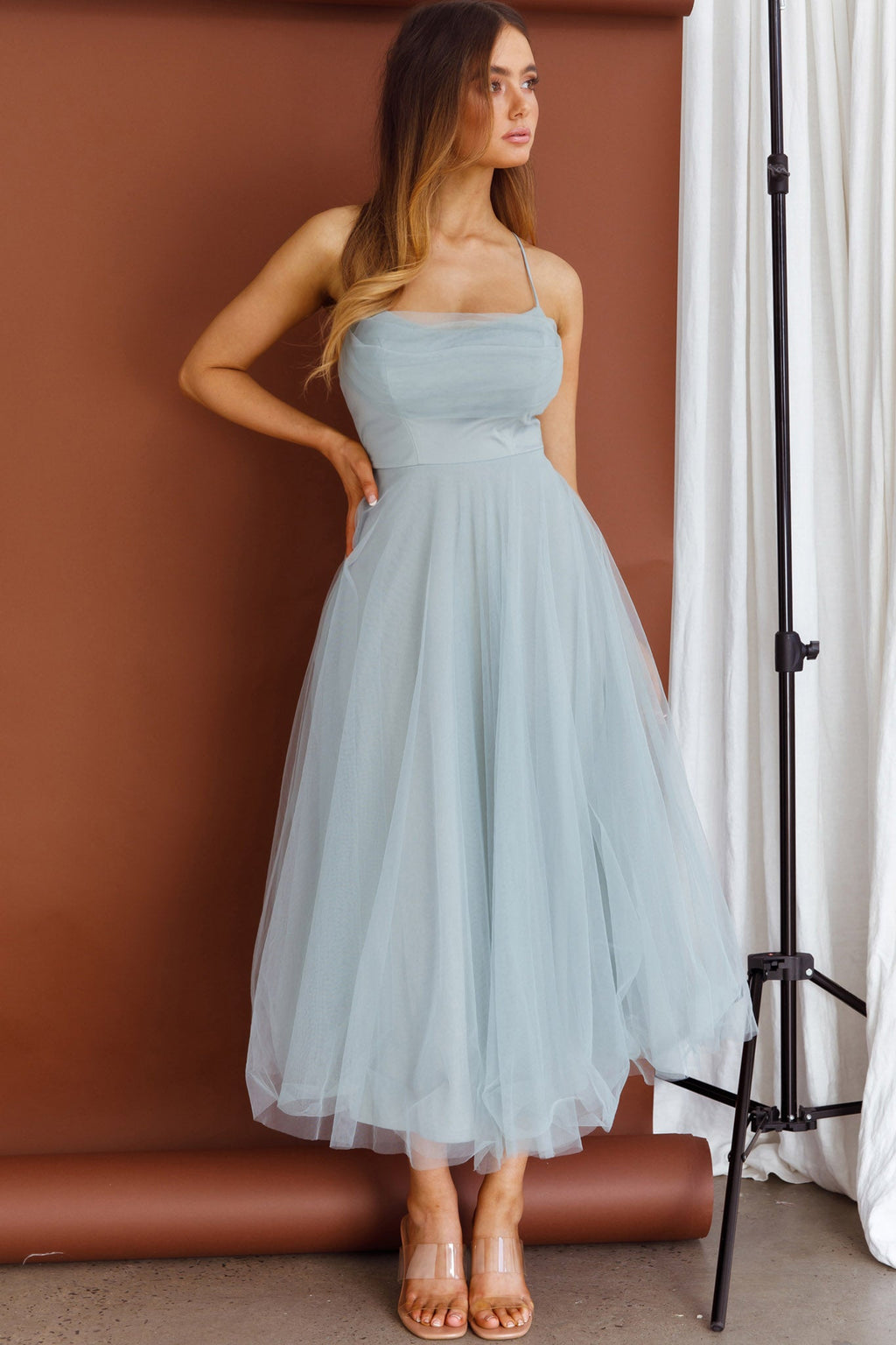 Floating By Pleated Neckline Mesh Midi Dress Sage by Selfie Leslie
