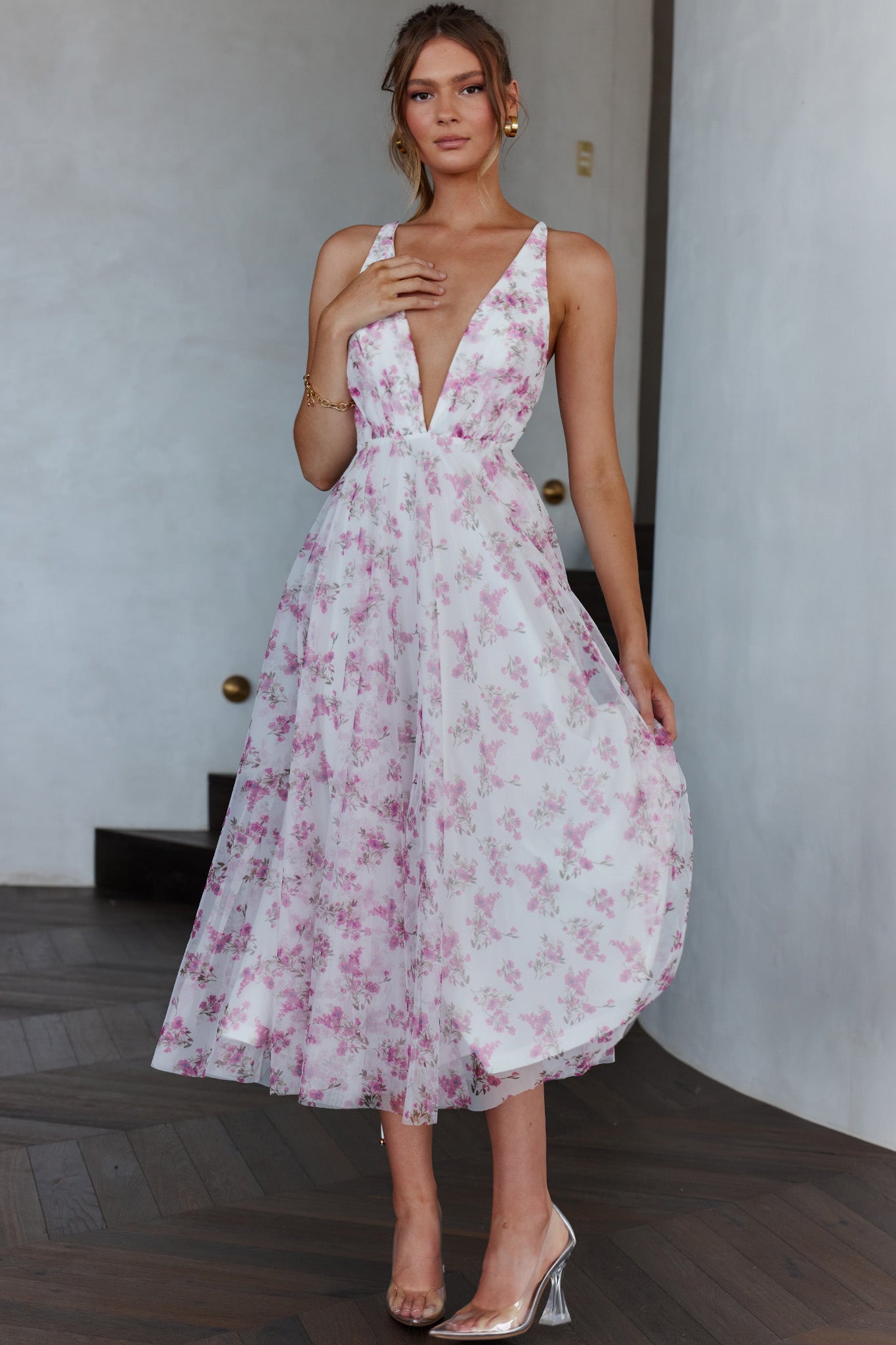 Floating By Plunging Neckline Midi Dress Floral Pink by Selfie Leslie