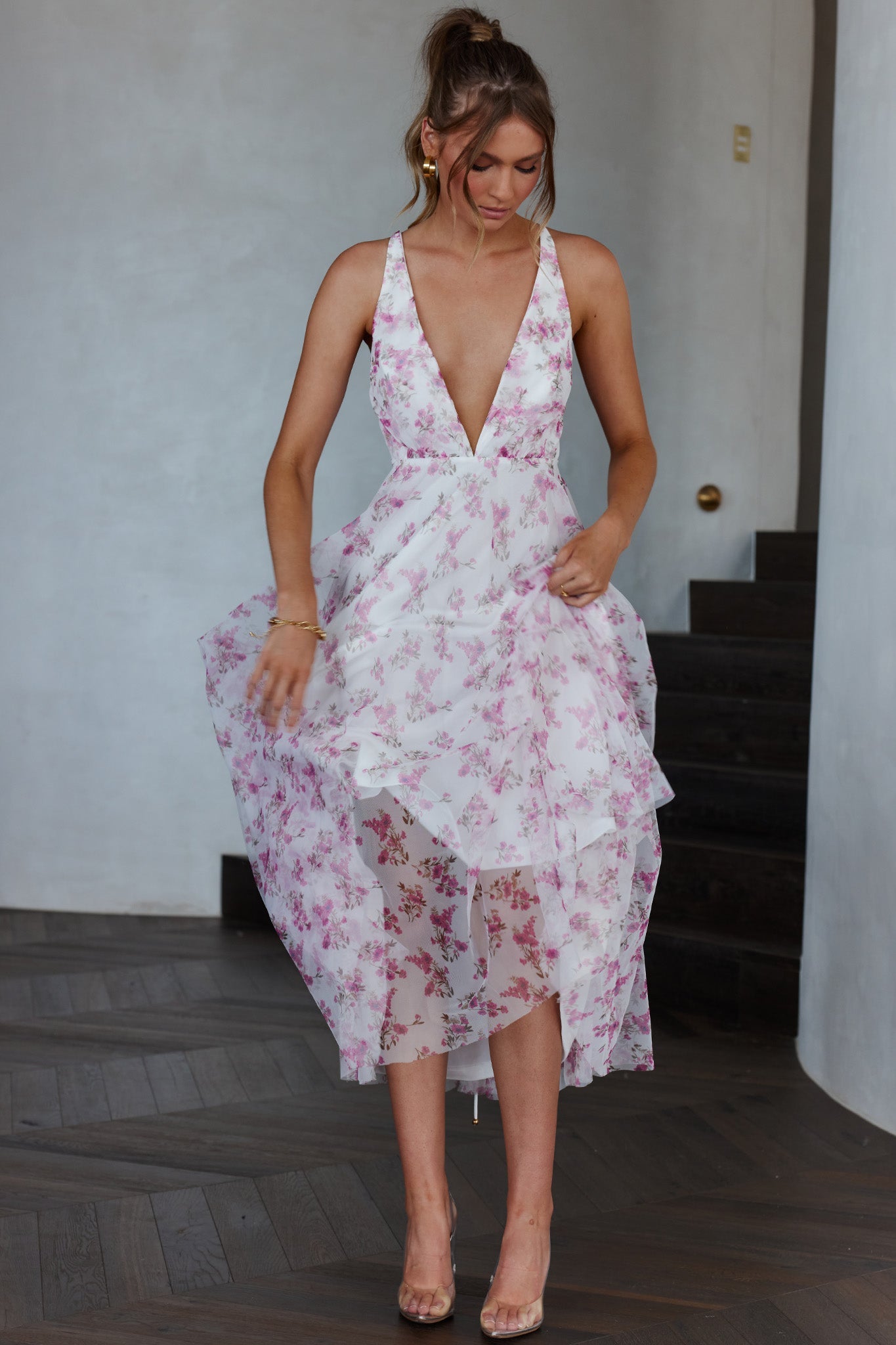 Floating By Plunging Neckline Midi Dress Floral Pink by Selfie Leslie