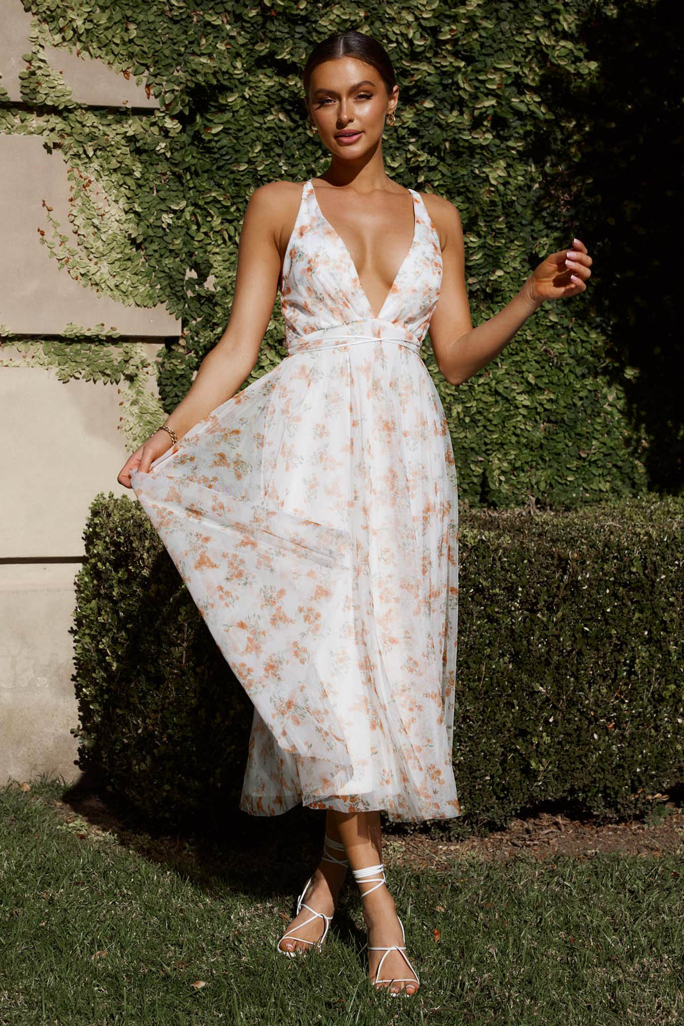 Floating By Plunging Neckline Midi Dress Floral Tangerine by Selfie Leslie