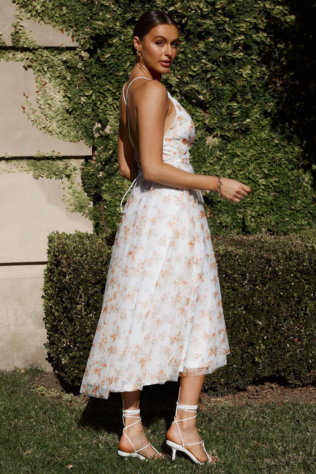 Floating By Plunging Neckline Midi Dress Floral Tangerine by Selfie Leslie