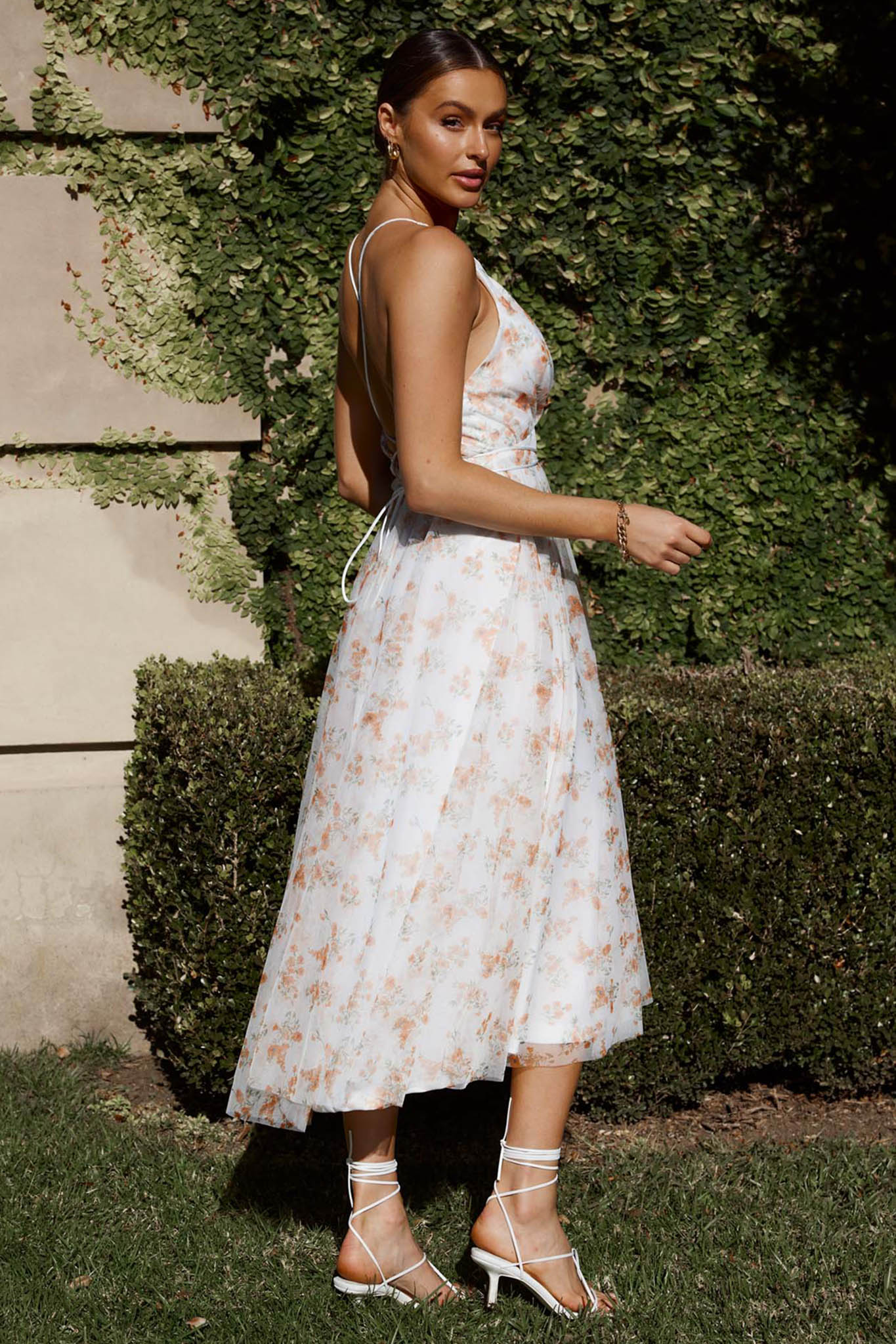 Floating By Plunging Neckline Midi Dress Floral Tangerine by Selfie Leslie